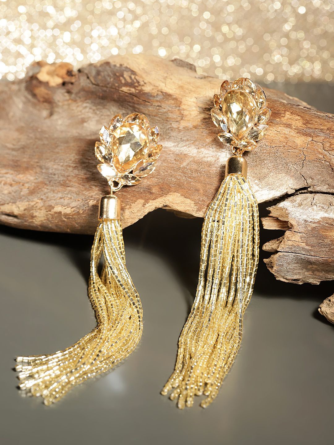 

DIVASTRI Gold-Plated Artificial Stones Studded And Beaded Floral Shaped Drop Earrings