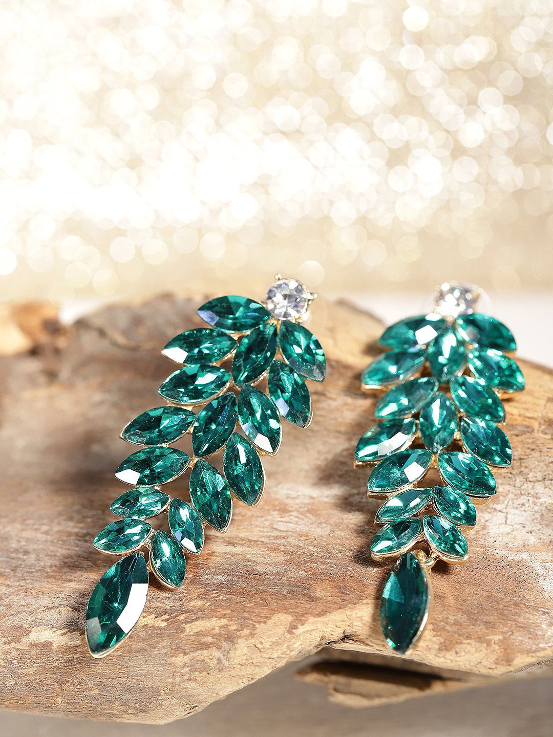 

DIVASTRI Gold-Plated Artificial Stones Leaf Shaped Drop Earrings