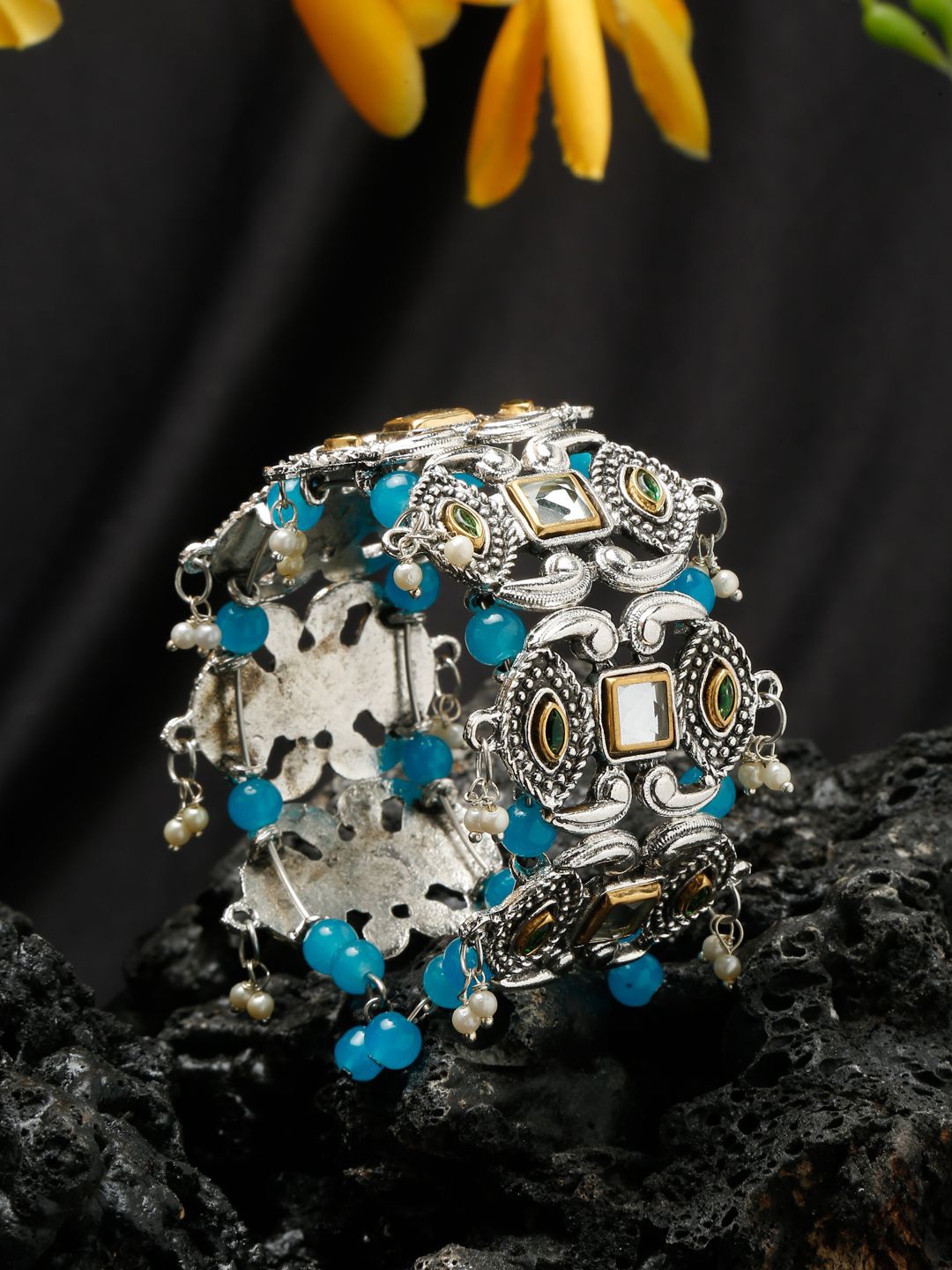 

DIVASTRI Silver-Plated Stone Studded & Beaded Cuff Bracelet