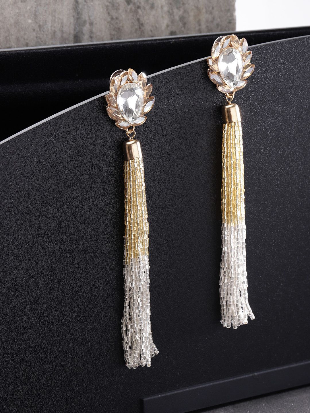 

DIVASTRI Gold-Plated Artificial Stones Studded & Beaded Tasselled Drop Earrings