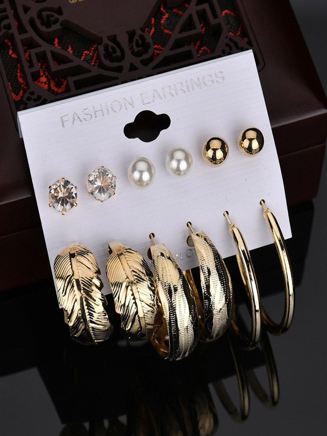 

DIVASTRI Set Of 6 Gold-Plated Artificial Stones Studded & Beaded Circular Studs