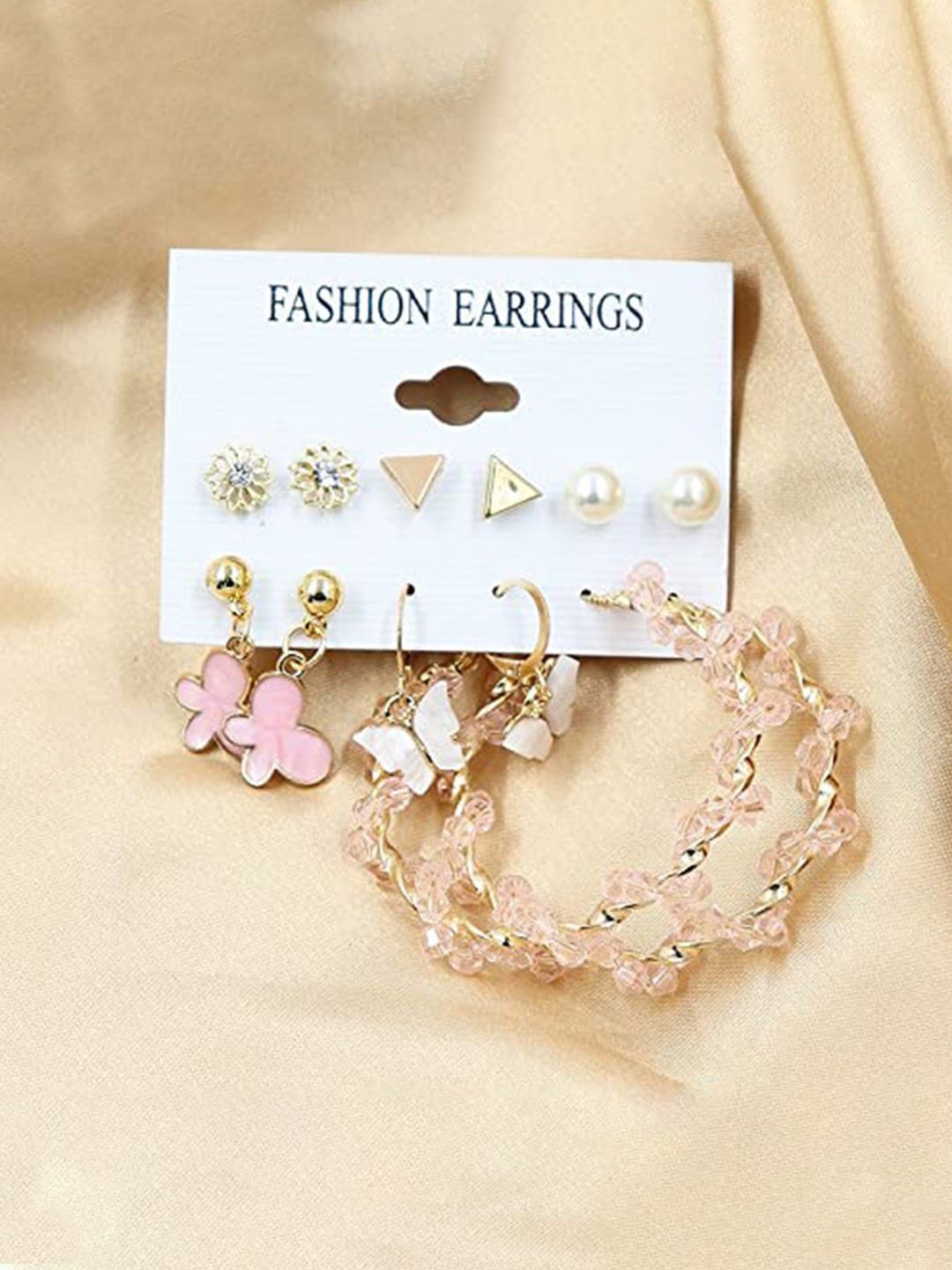 

DIVASTRI Set Of 12 Gold-Plated Artificial Stones Studded And Beaded Hoop Earrings