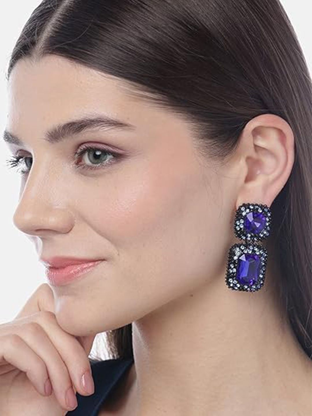 

DIVASTRI Artificial Stones Studded Geometric Drop Earrings, Black