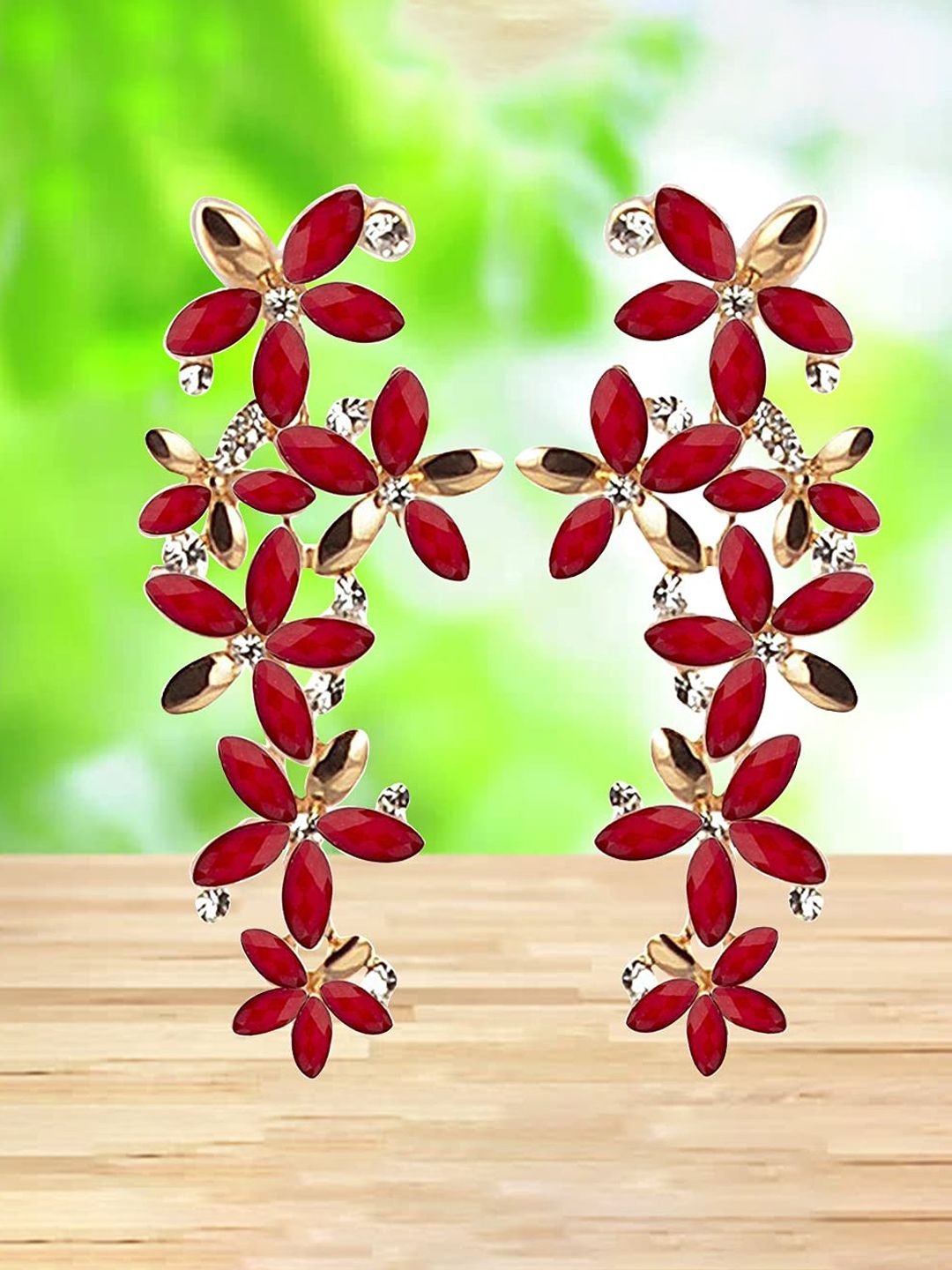 

DIVASTRI Gold-Plated Artificial Stones Studded Beaded Leaf Shaped Drop Earrings, Red