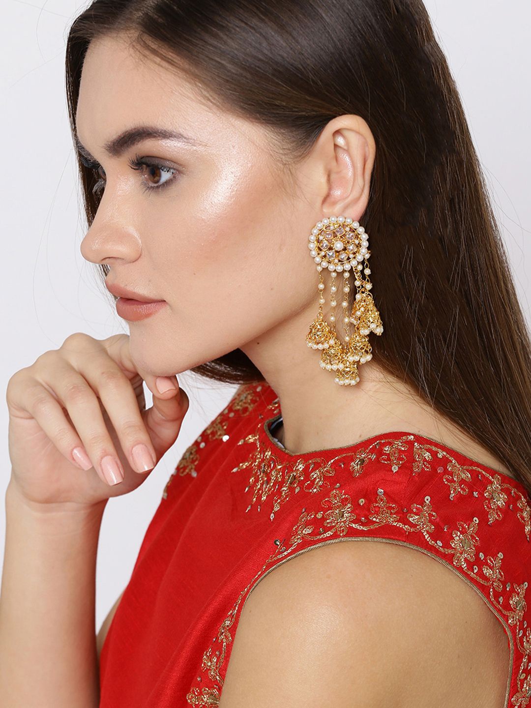 

DIVASTRI Gold-Plated Artificial Stones Studded Beaded Dome Shaped Jhumkas