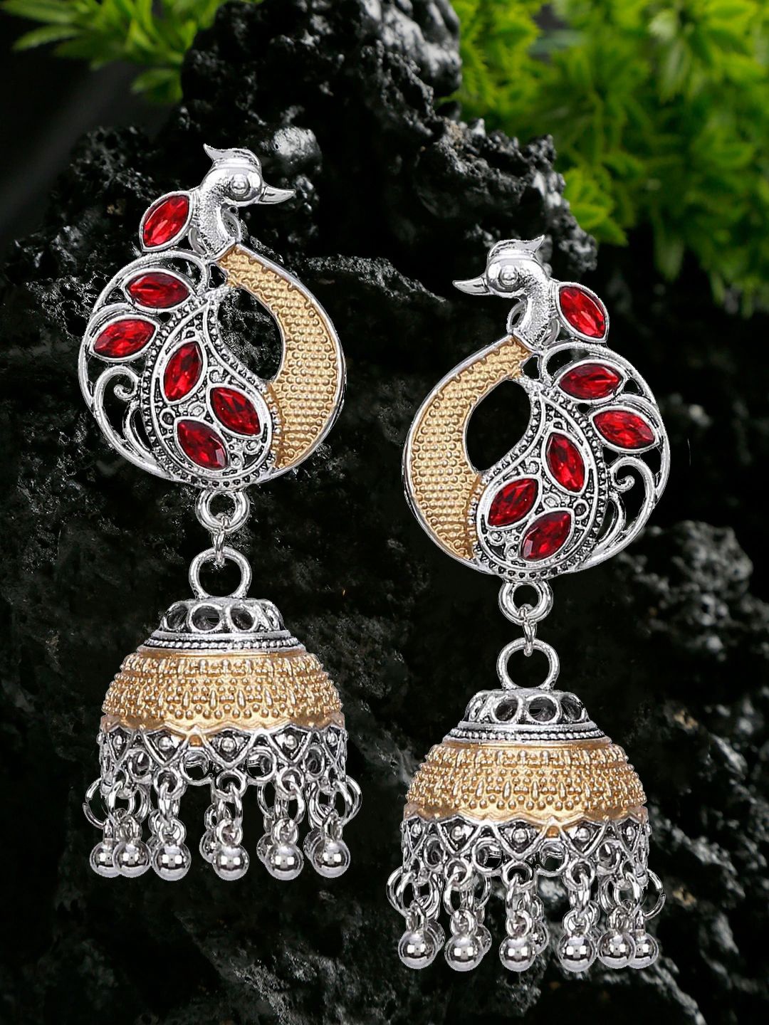 

DIVASTRI Silver-Plated Artificial Stones Studded Peacock Shaped Jhumkas