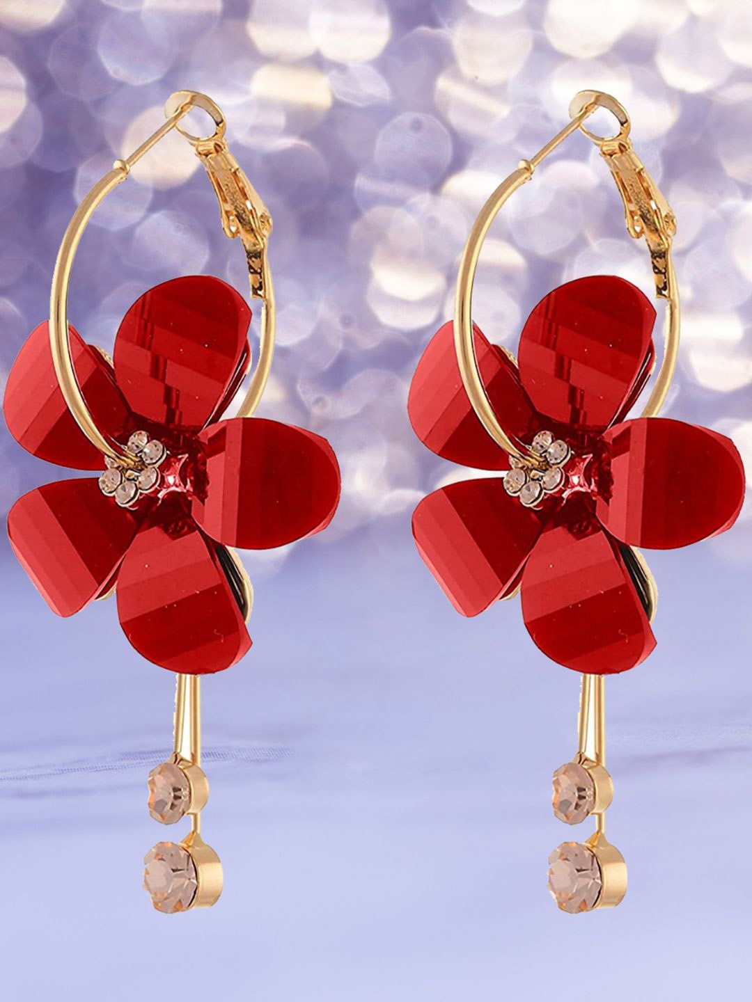 

DIVASTRI Gold-Plated Artificial Stone Studded Floral Hoop Earrings, Red