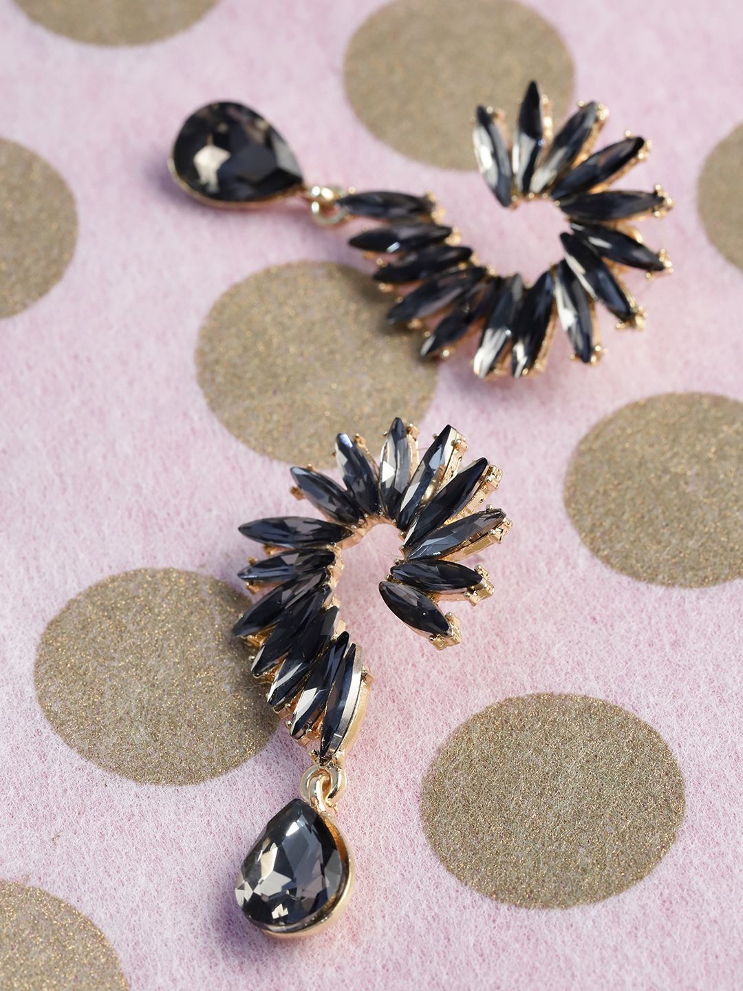 

DIVASTRI Gold-Plated Artificial Stones Studded Spiked Shaped Drop Earrings, Black