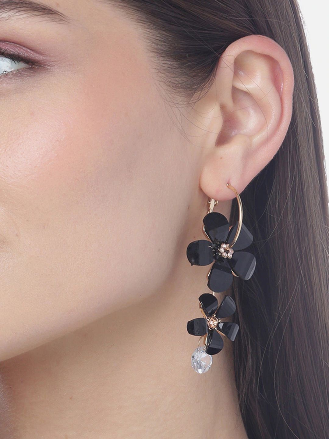 

DIVASTRI Gold-Plated Artificial Stones Studded Floral Hoop Earrings, Black