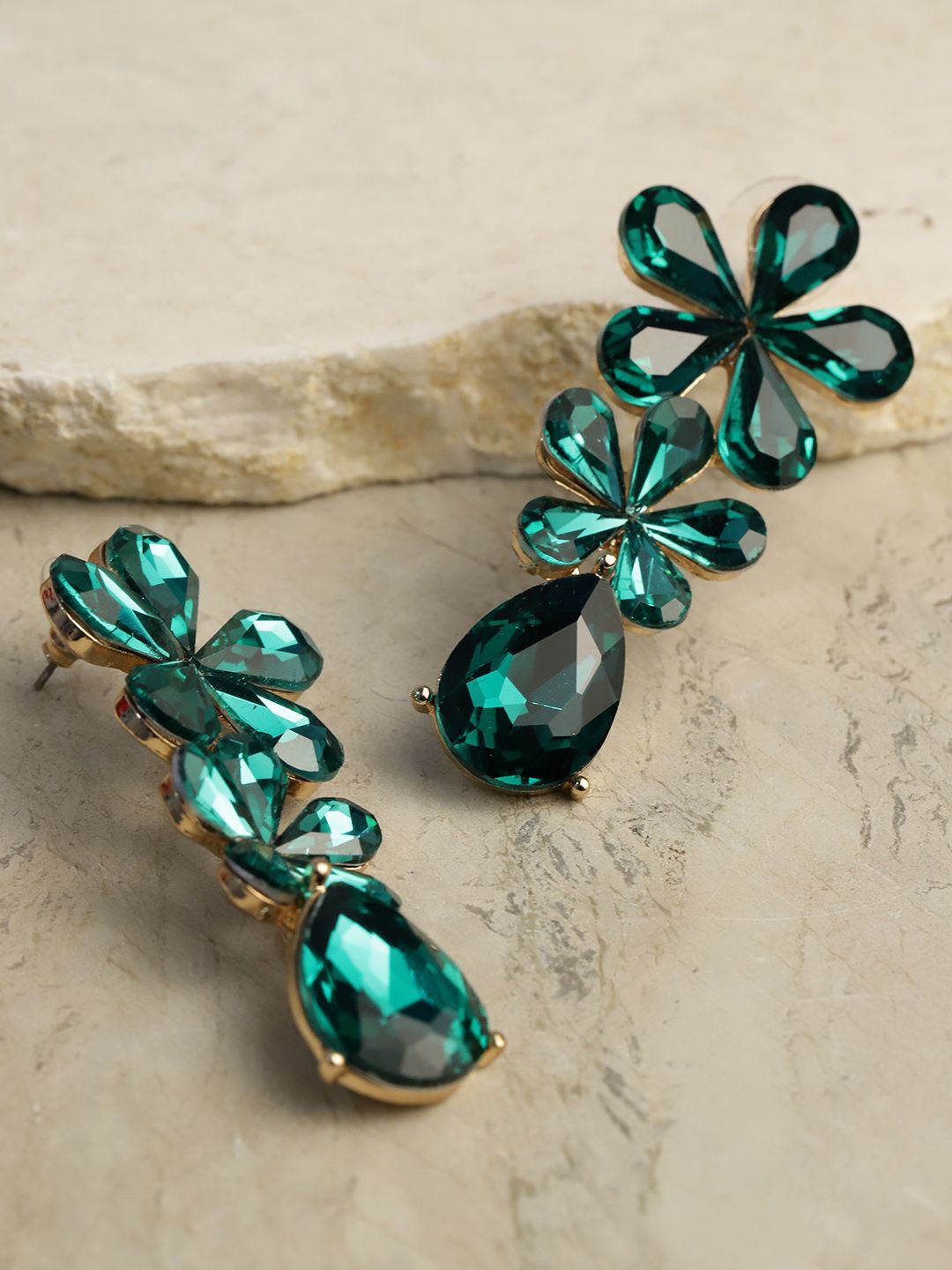 

DIVASTRI Gold-Plated Artificial Stones Studded Floral Drop Earrings, Green