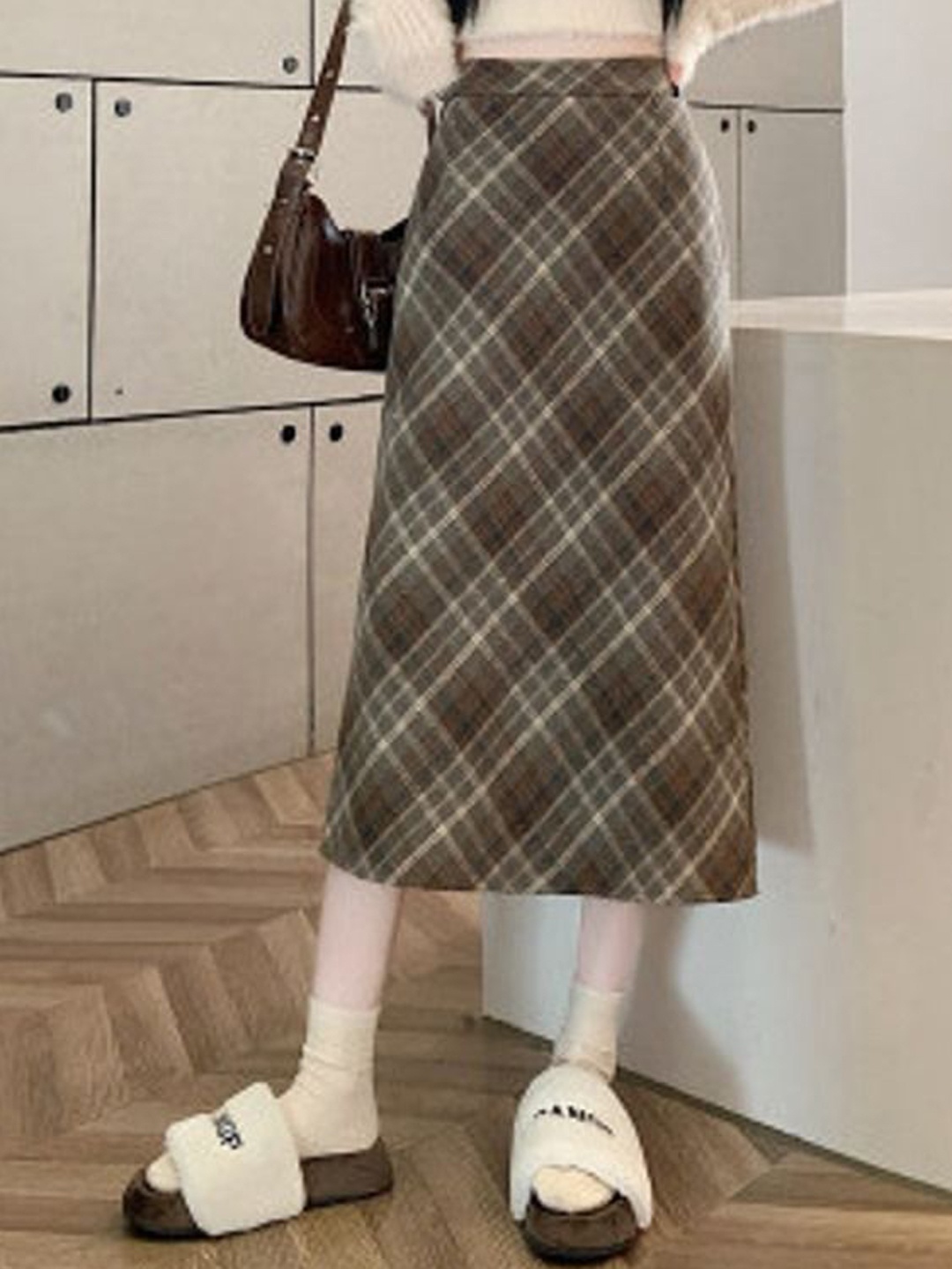 

StyleCast Women Checked Midi Straight Skirts, Brown