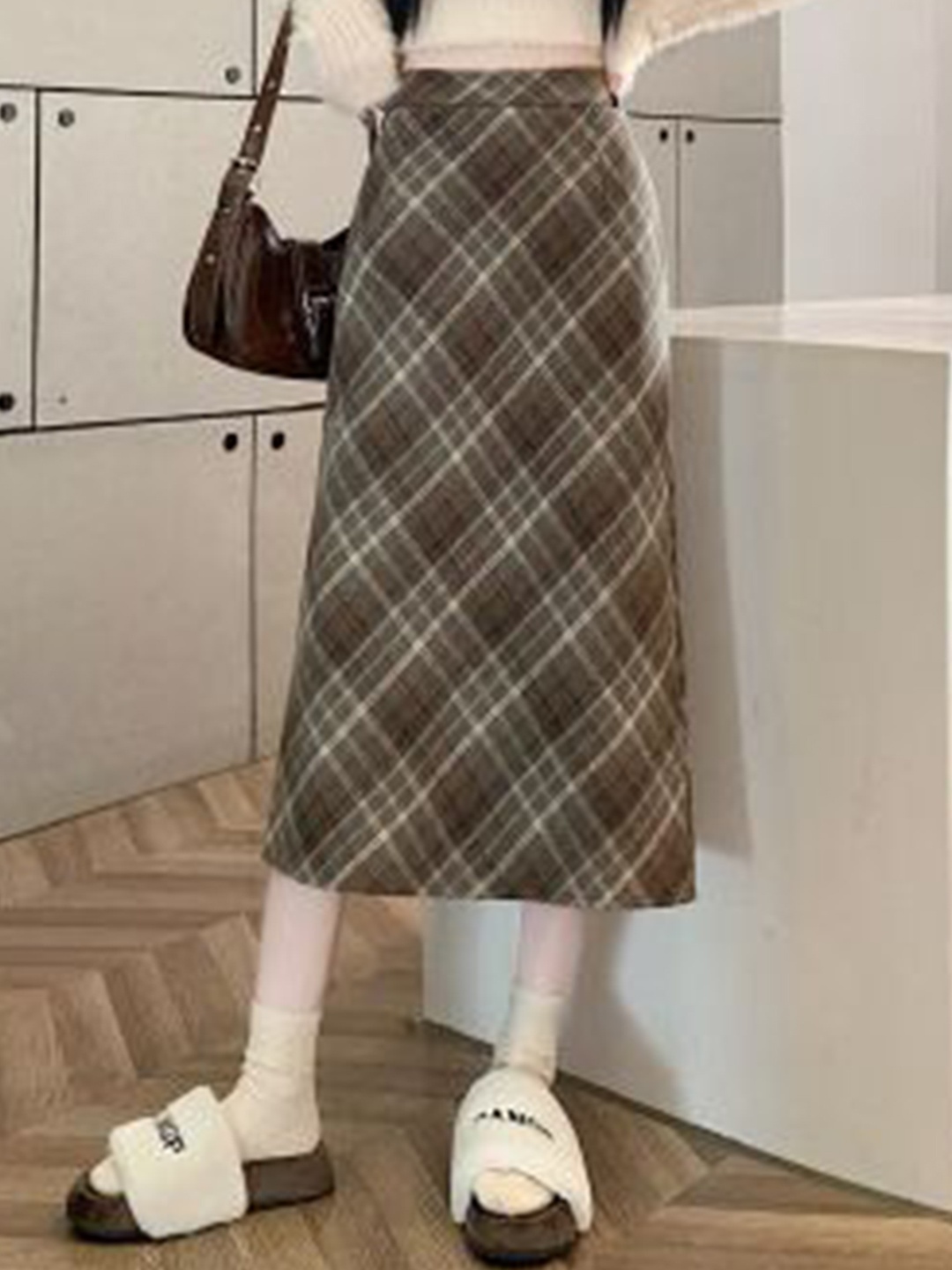 

StyleCast Women Checked Straight Midi Skirt, Brown