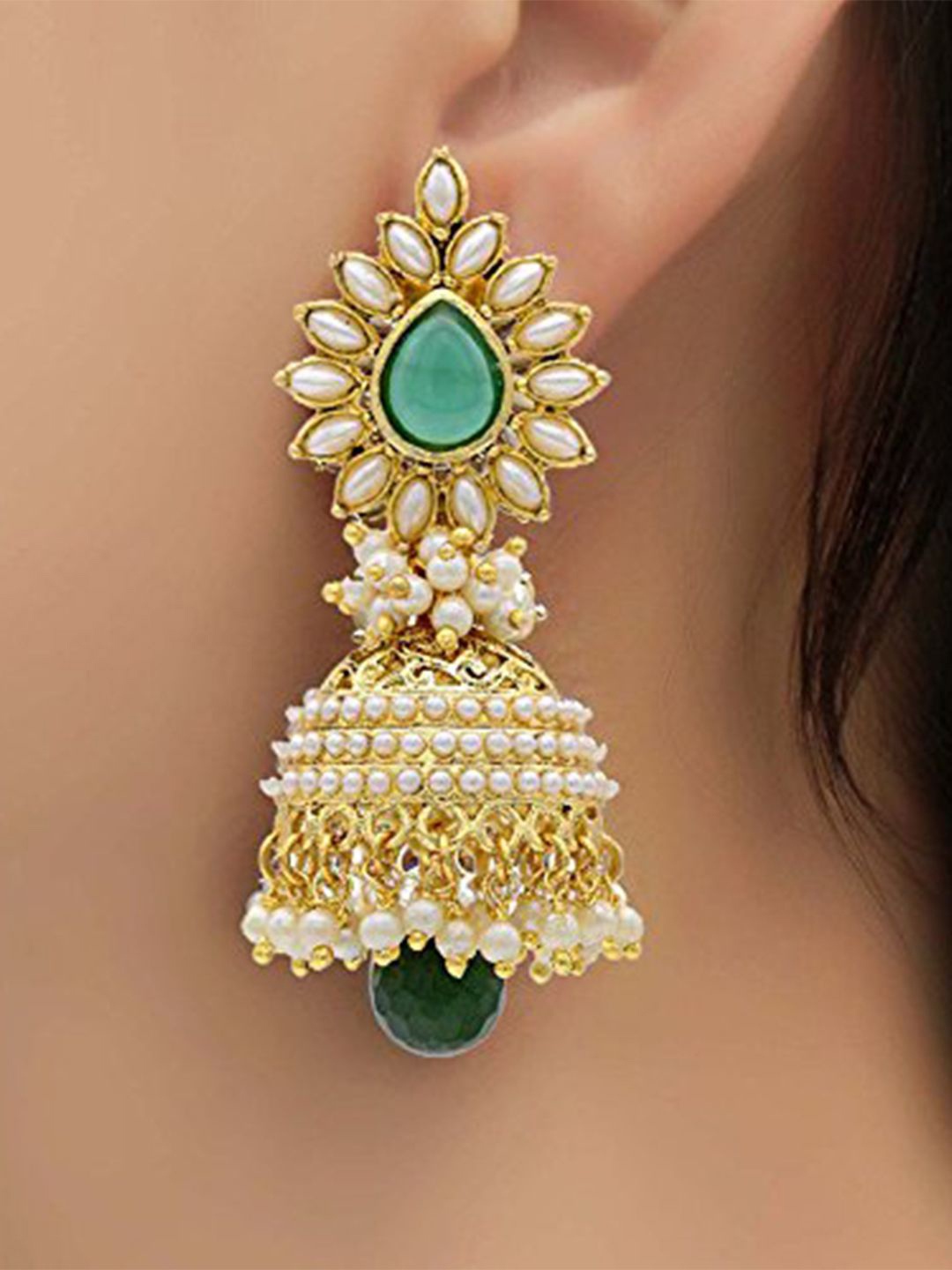 

DIVASTRI Gold-Plated Artificial Stones Studded And Beaded Dome Shaped Jhumkas