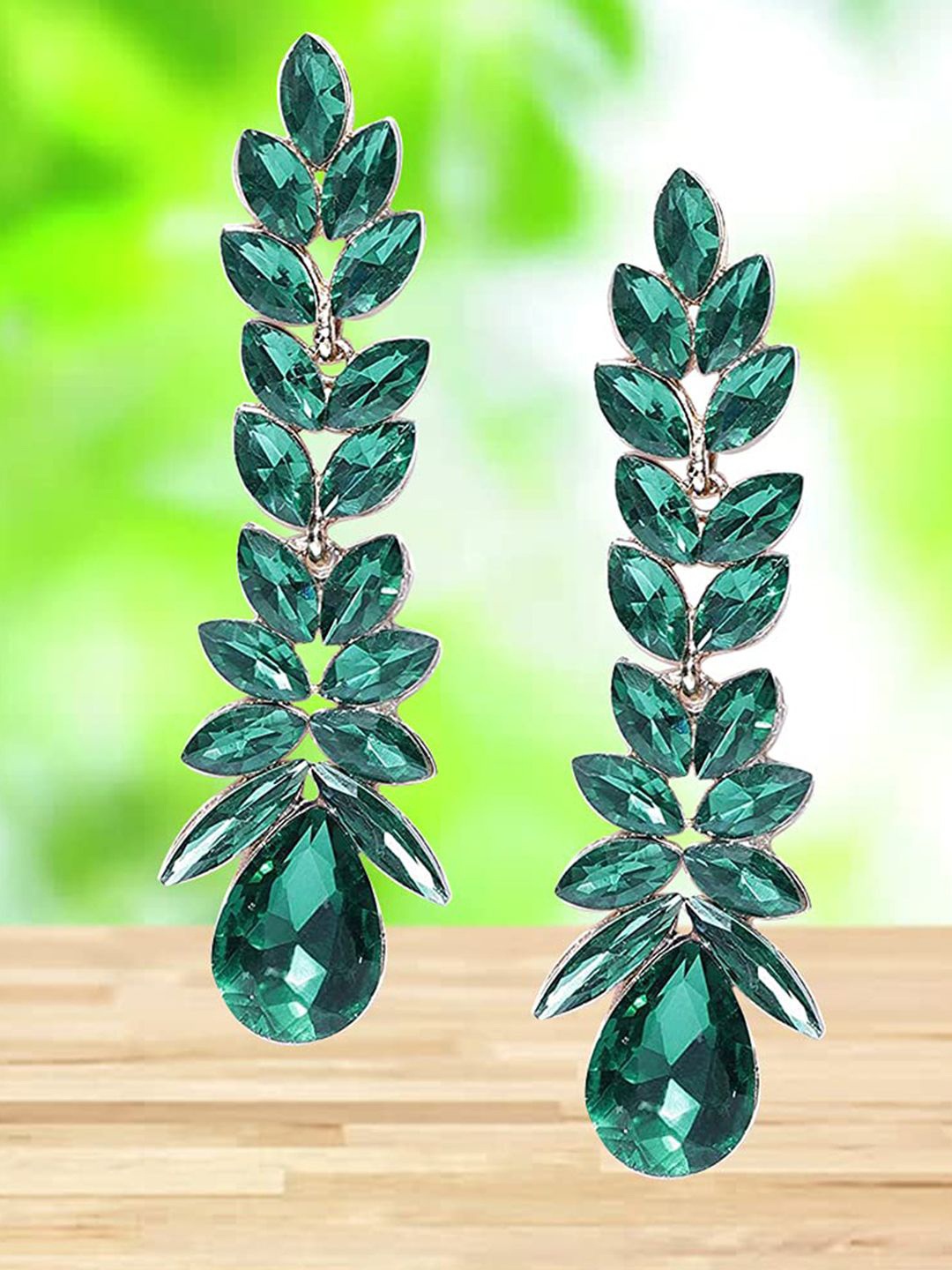 

DIVASTRI Gold-Plated Artificial Stones Studded Leaf Shaped Drop Earrings