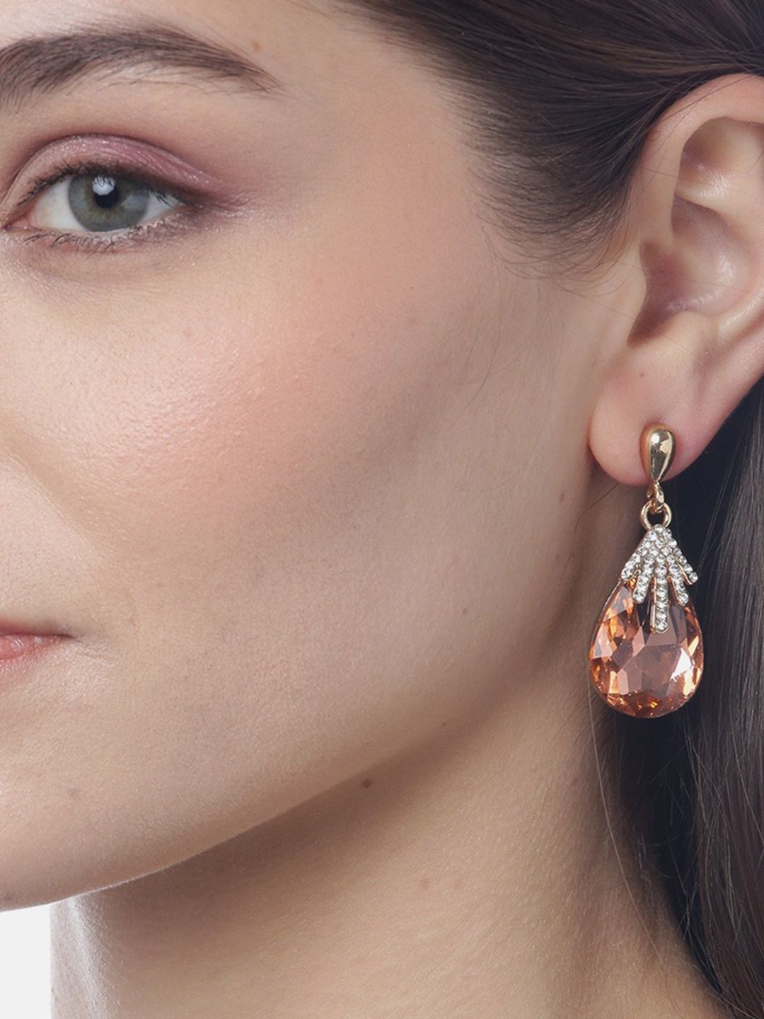 

DIVASTRI Gold-Plated Artificial Stones Studded Teardrop Shaped Drop Earrings, Peach
