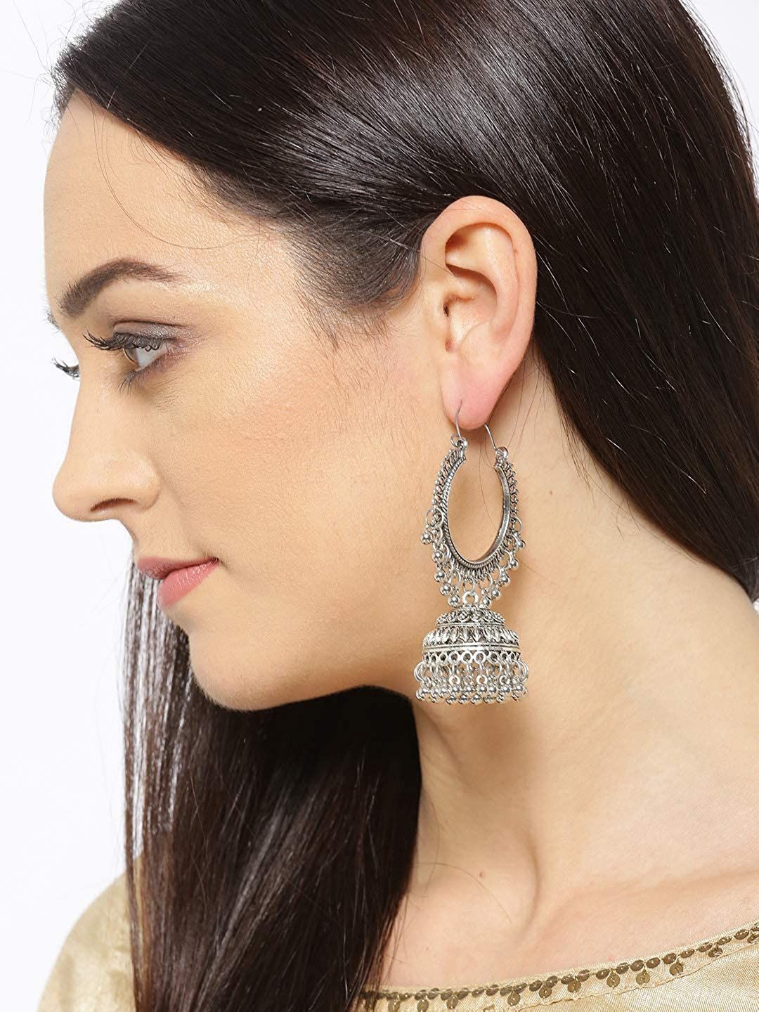 

DIVASTRI Dome Shaped Oxidised Jhumkas, Silver