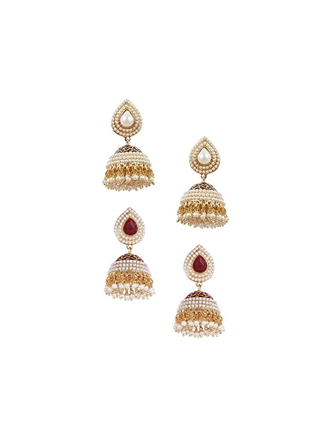 

DIVASTRI Set Of 2 Gold-Plated Artificial Stones Studded And Beaded Dome Shaped Jhumkas, White