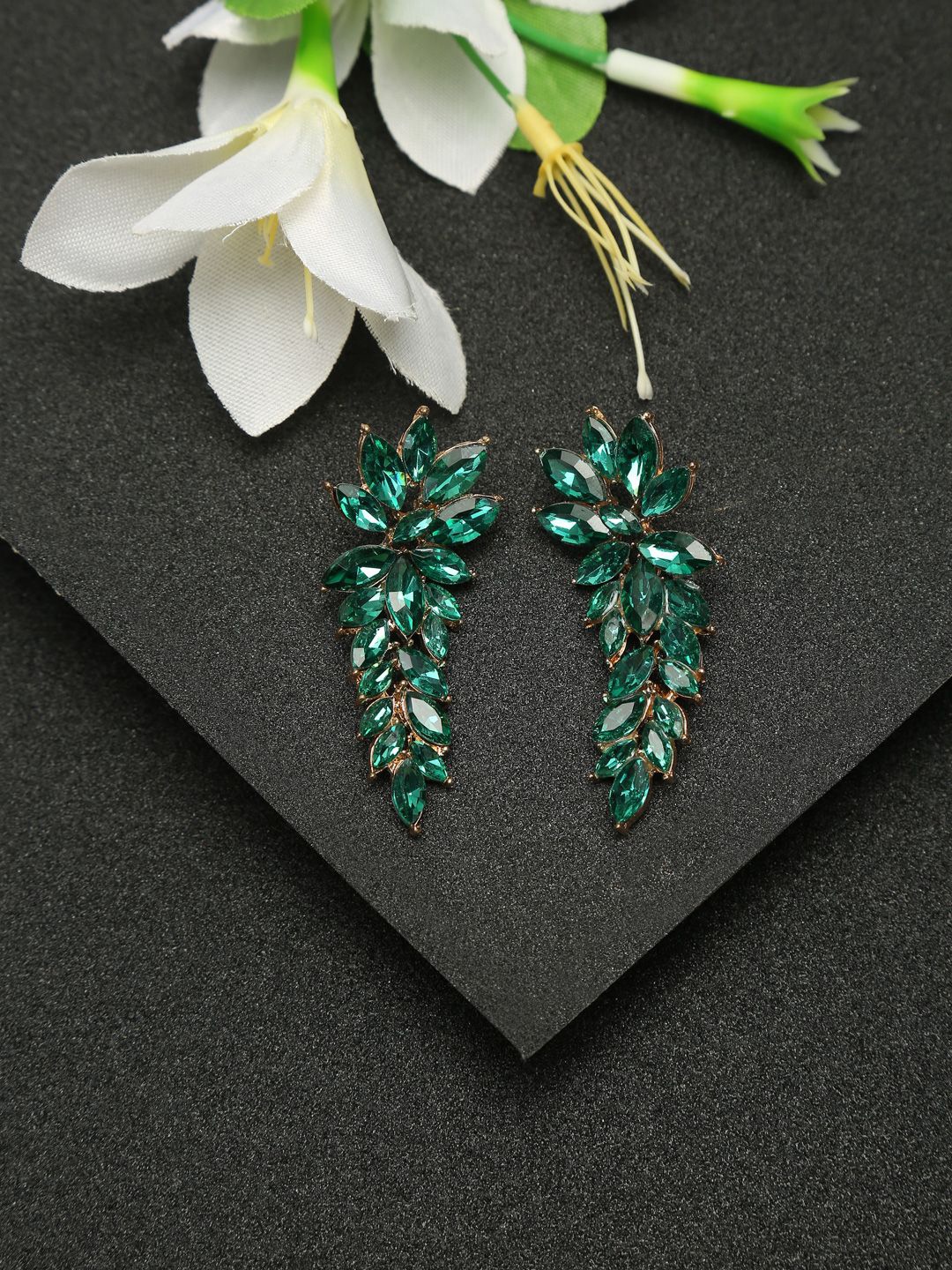 

DIVASTRI Gold-Plated Artificial Stones Studded Leaf Shaped Drop Earrings, Green