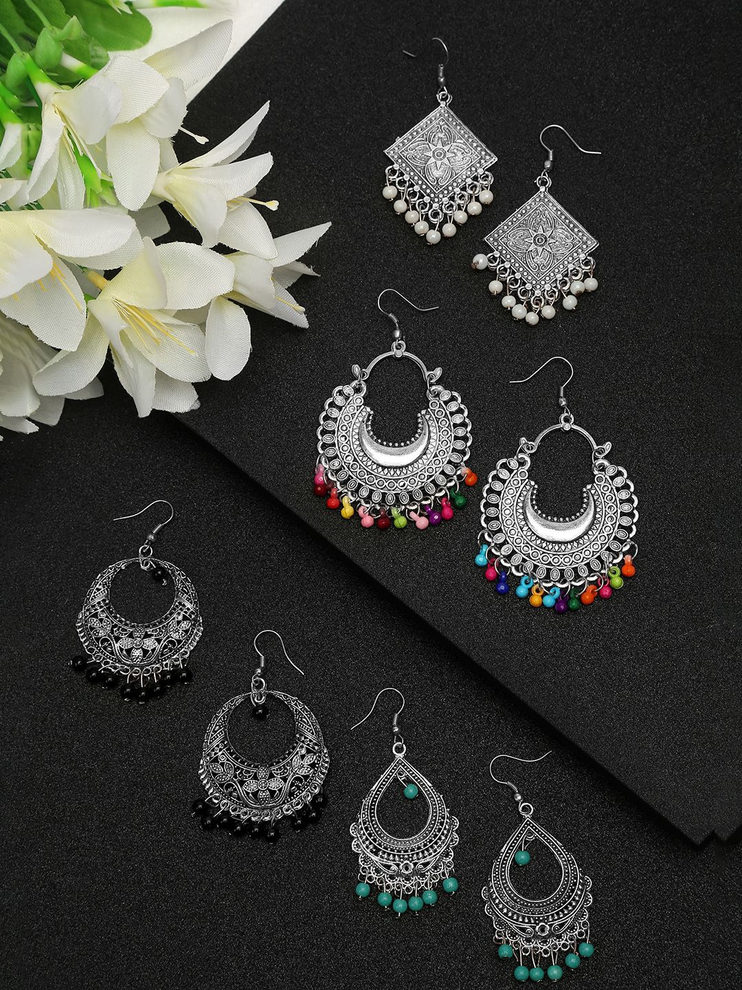 

DIVASTRI Set of 4 Artificial Beaded Crescent Shaped Oxidised Chandbalis Earrings, Silver