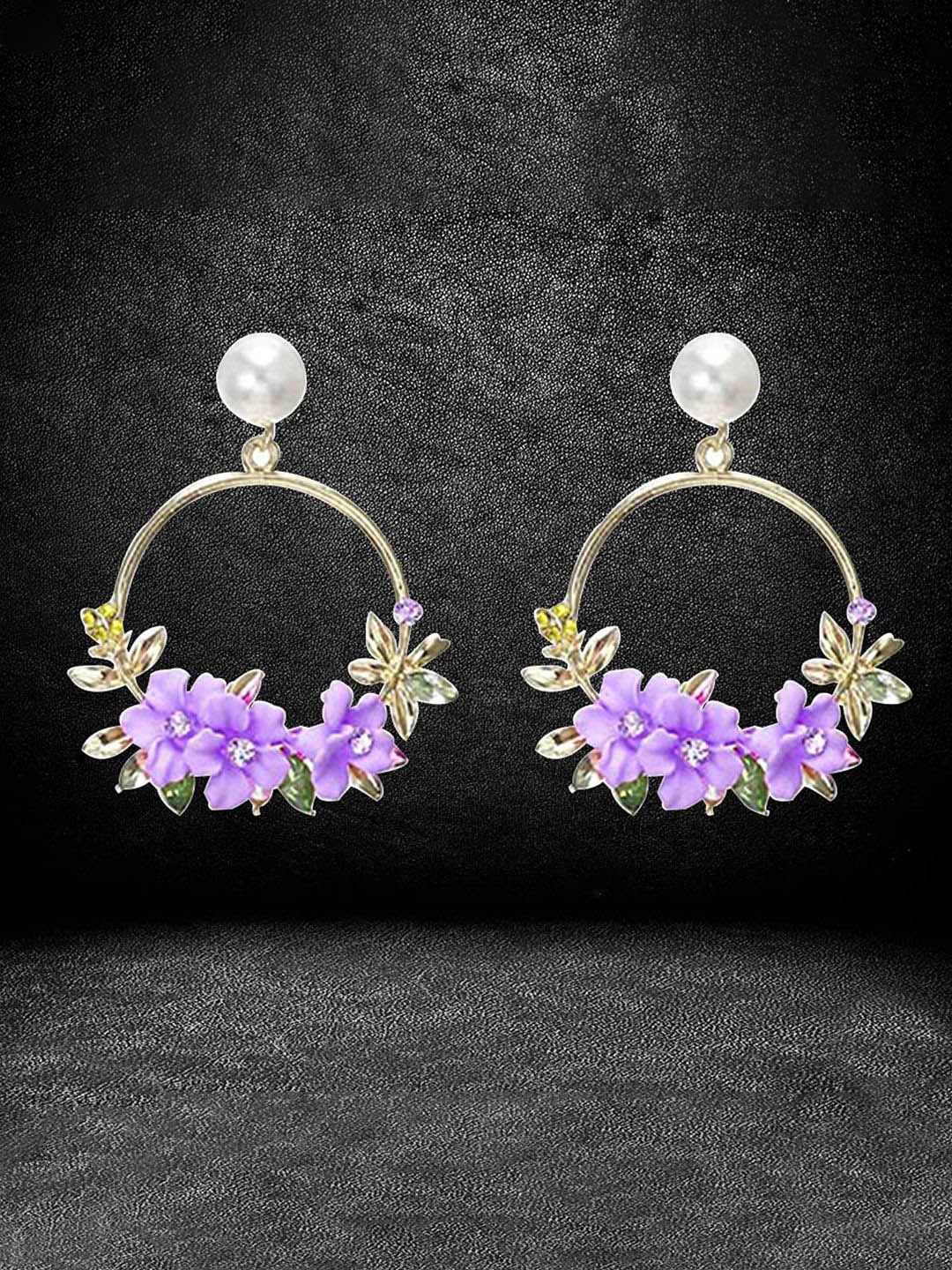 

DIVASTRI Gold-Plated Artificial Stones Studded And Beaded Circular Drop Earrings, Purple