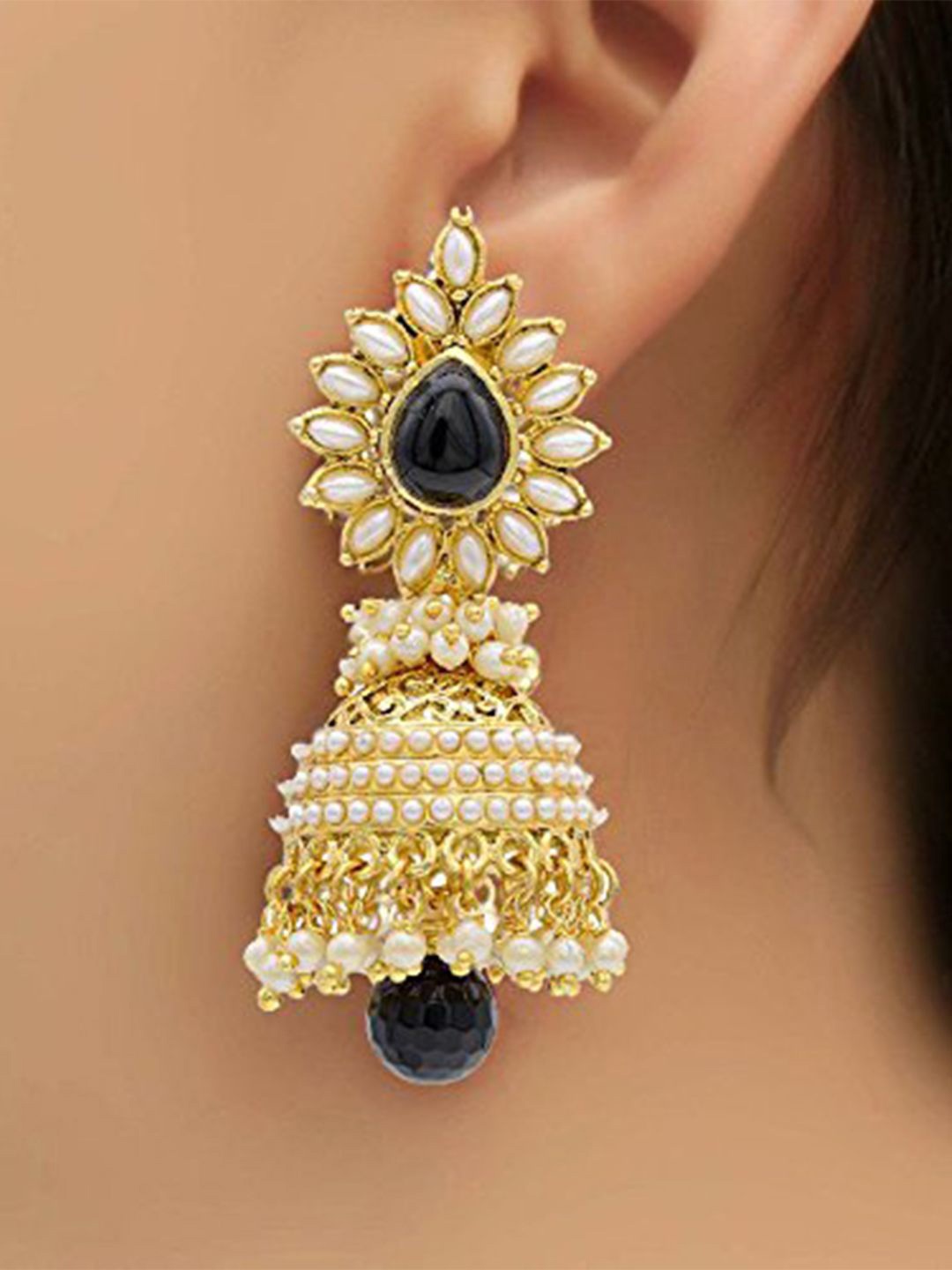 

DIVASTRI Gold-Plated Artificial Stones Studded And Beaded Teardrop Shaped Jhumkas