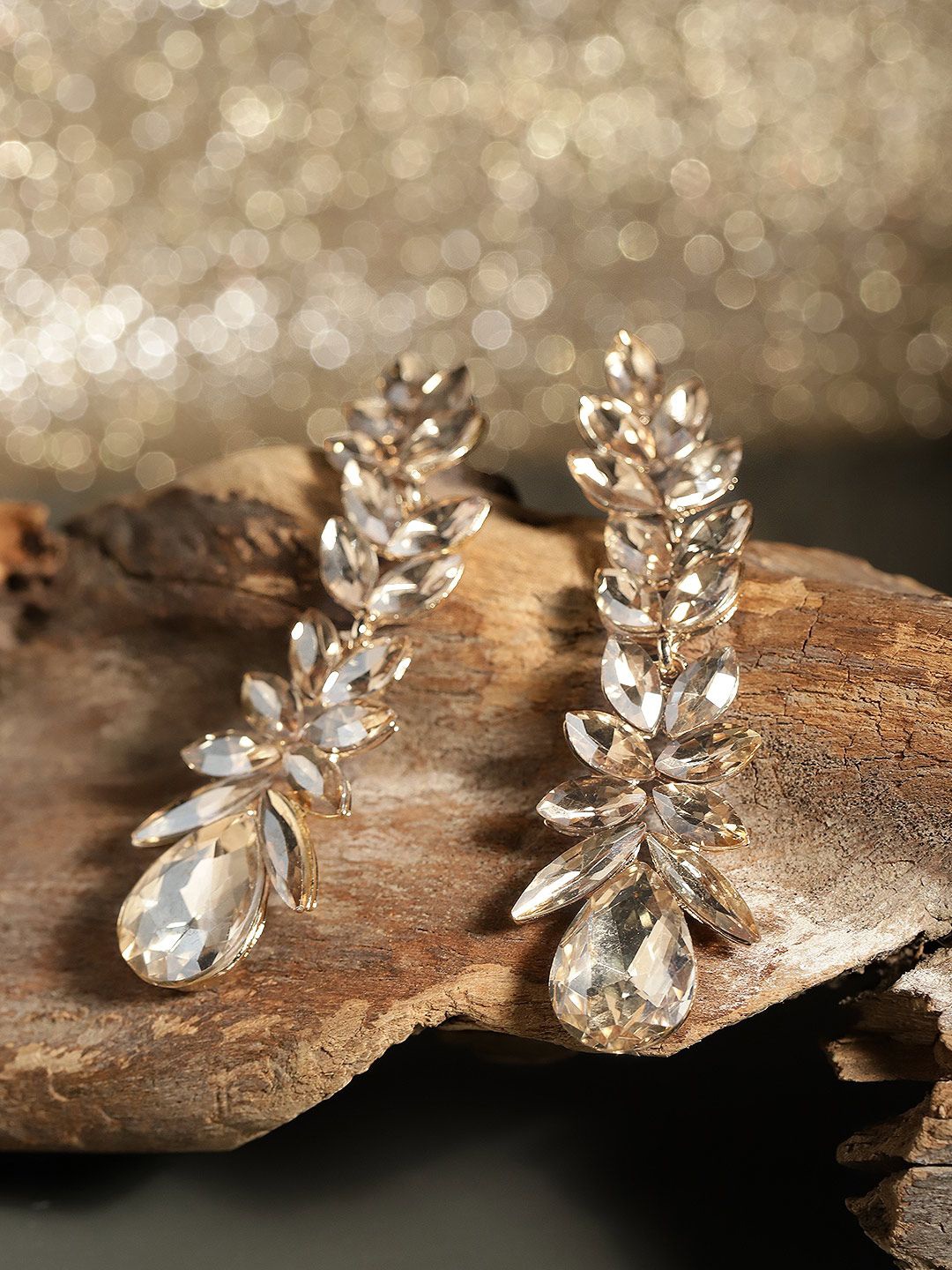 

DIVASTRI Gold-Plated Artificial Stones Studded Leaf Shaped Drop Earrings, White