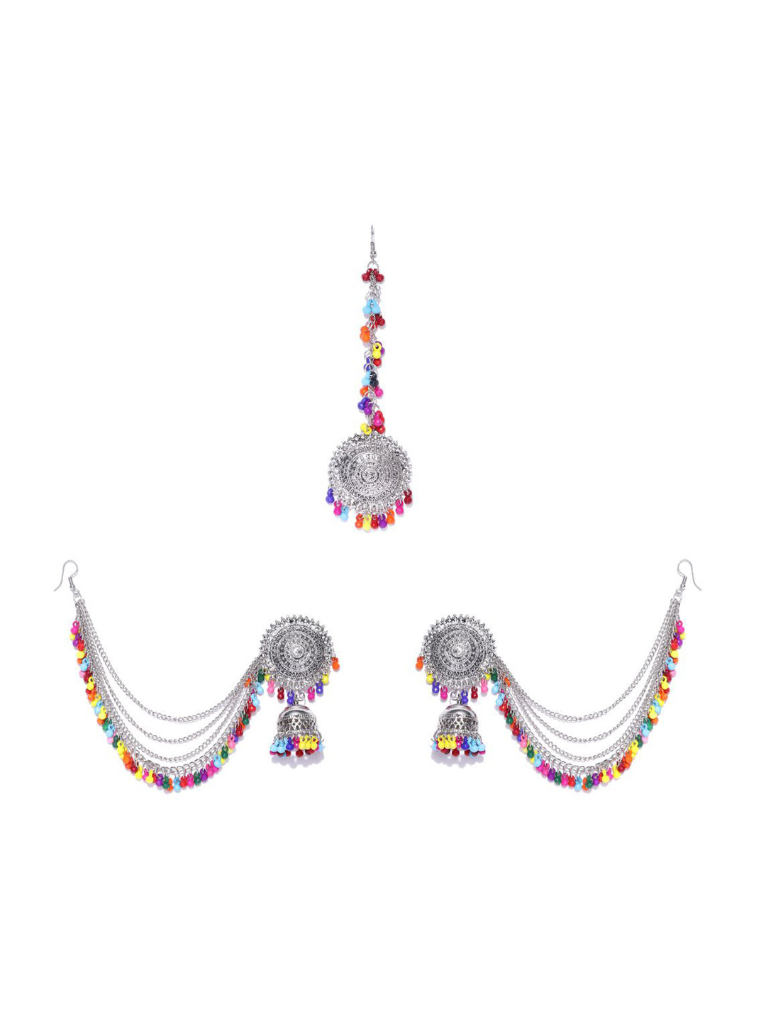 

DIVASTRI Silver-Plated Studded With Artificial Beads Jhumaks With Maang Tikka