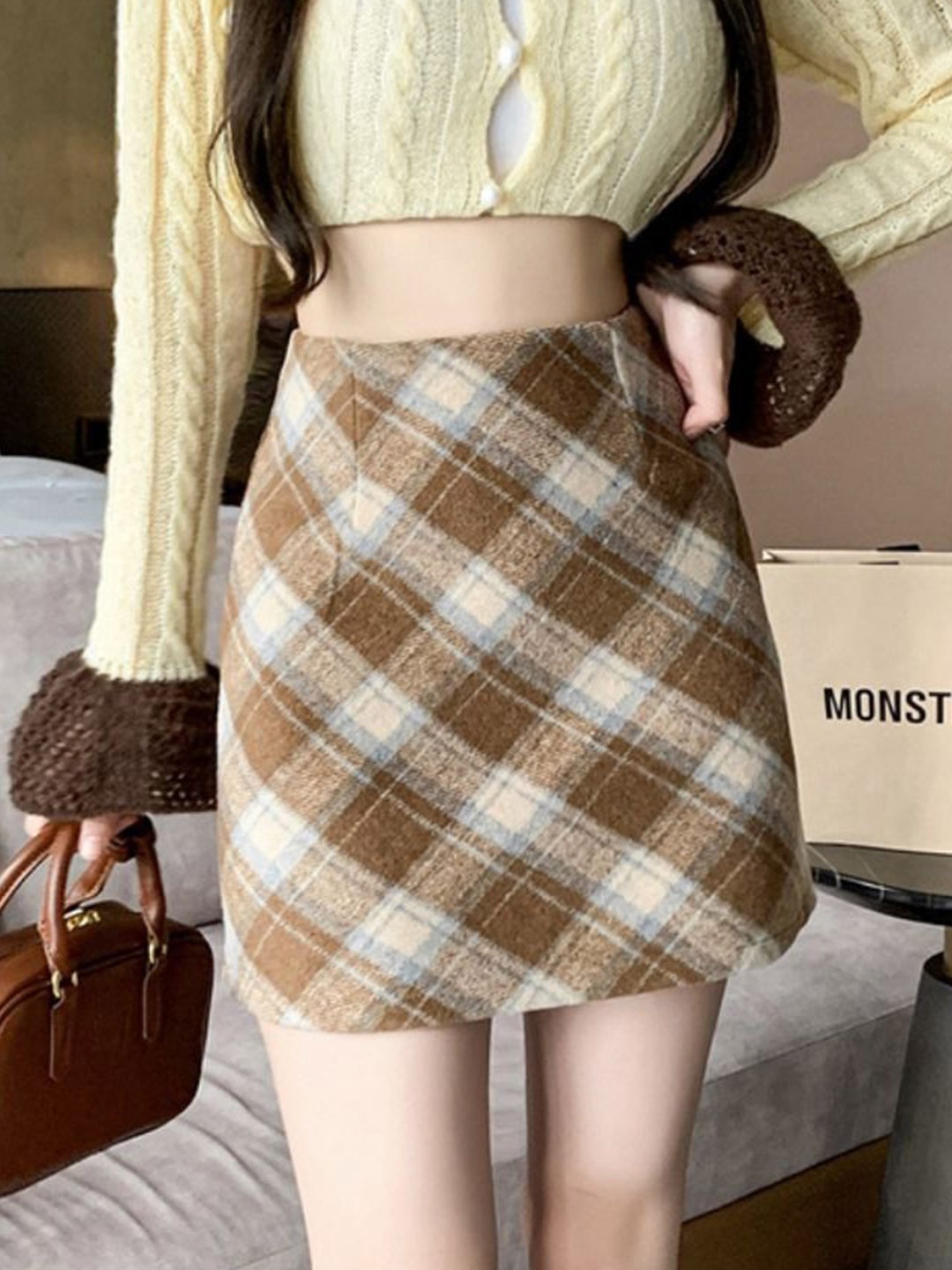 

StyleCast Women Checked Straight Mini Skirt, Brown
