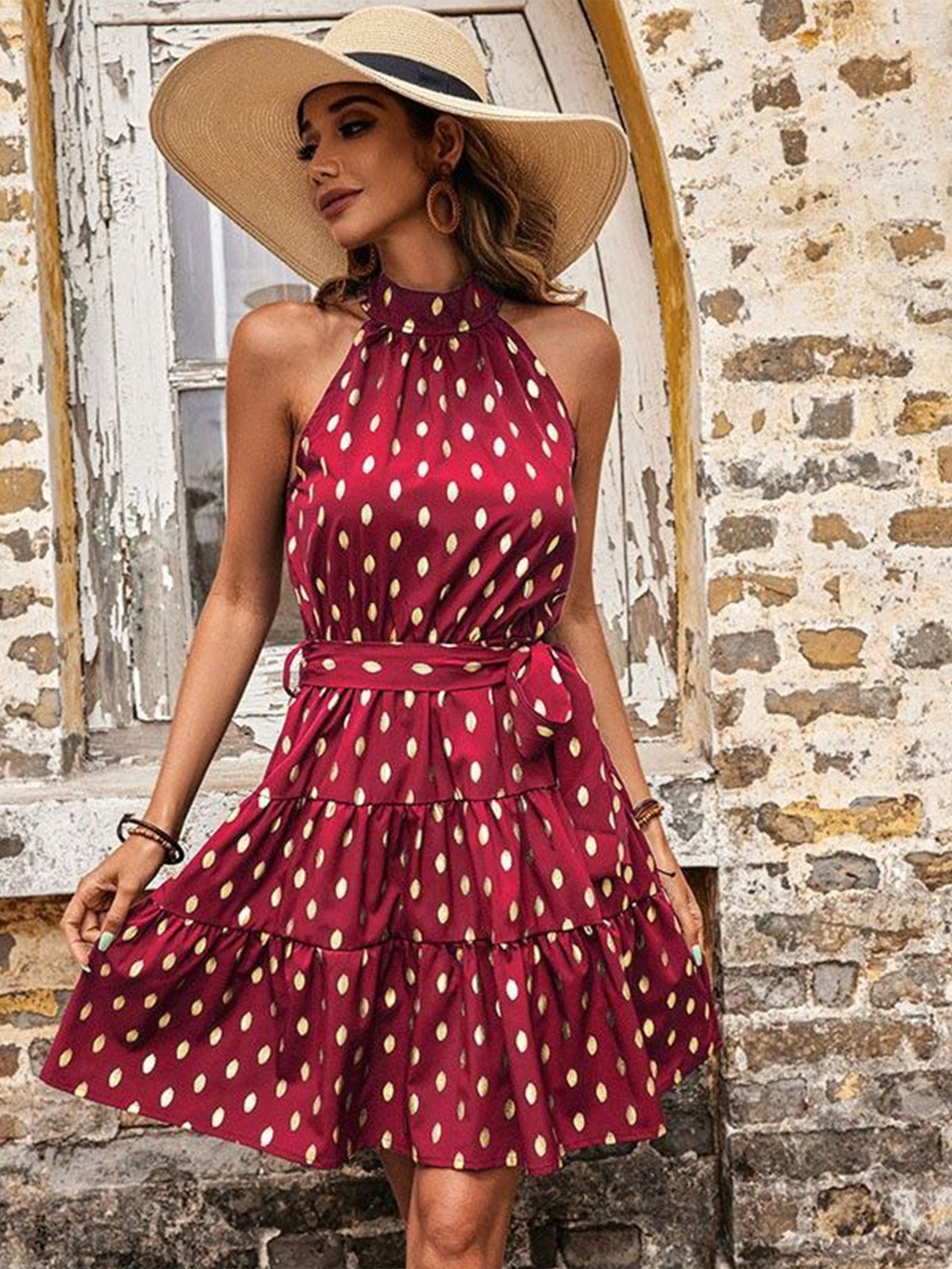 

StyleCast Polka Dot Printed A-Line Dress, Maroon