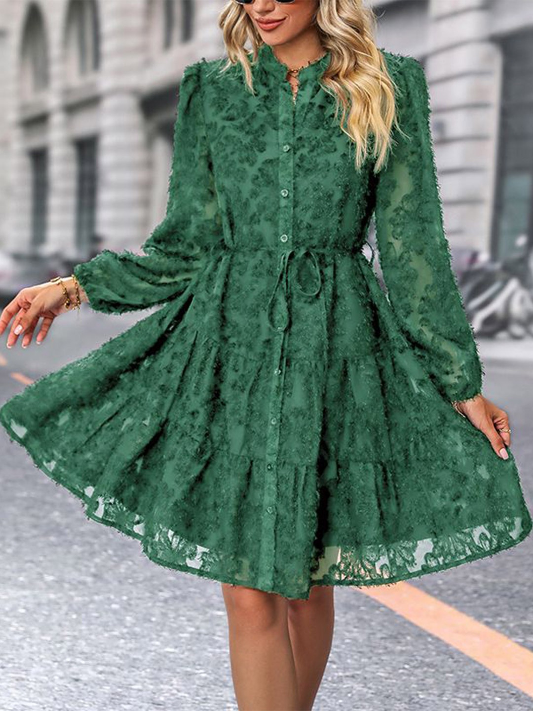 

StyleCast Women Self Design Mandarin Collar Knee Length A-Line Dress, Green