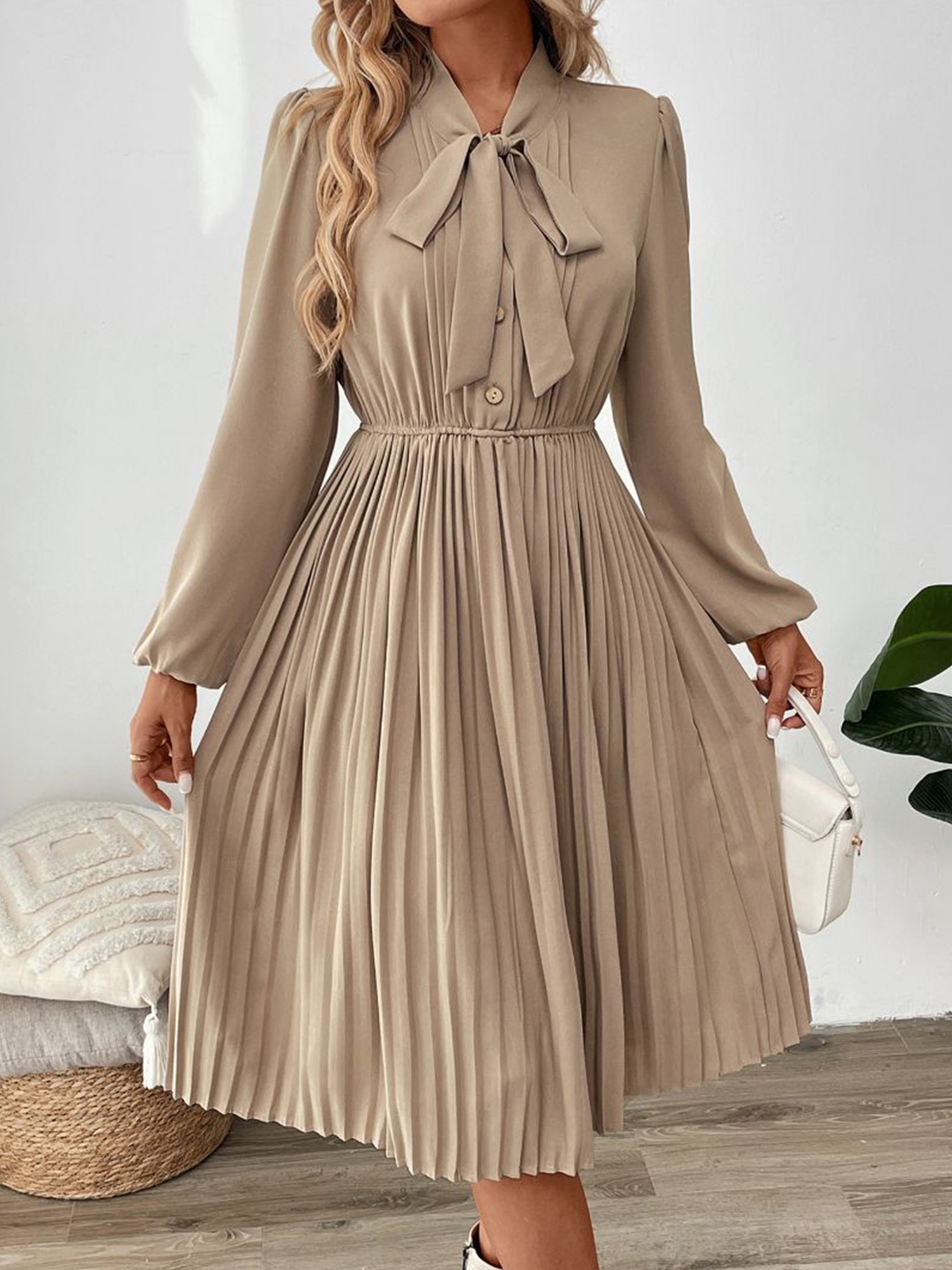 

StyleCast Tie-Up Neck Fit and Flare Dress, Beige