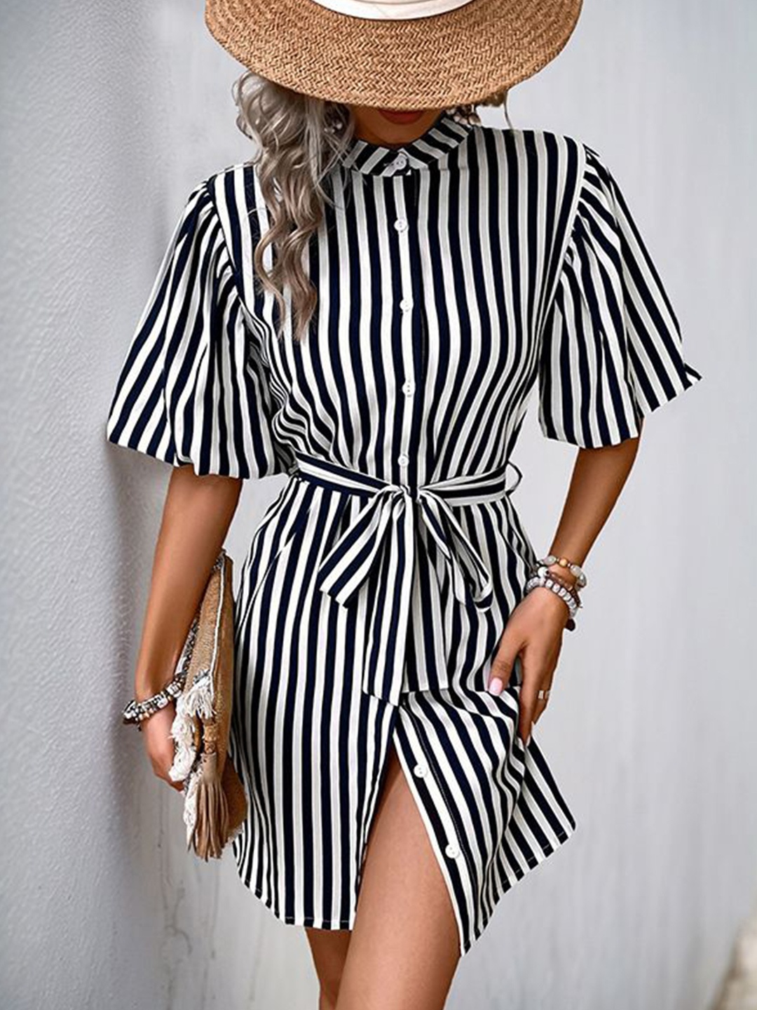 

StyleCast Striped Bell Sleeve Shirt Dress, Black