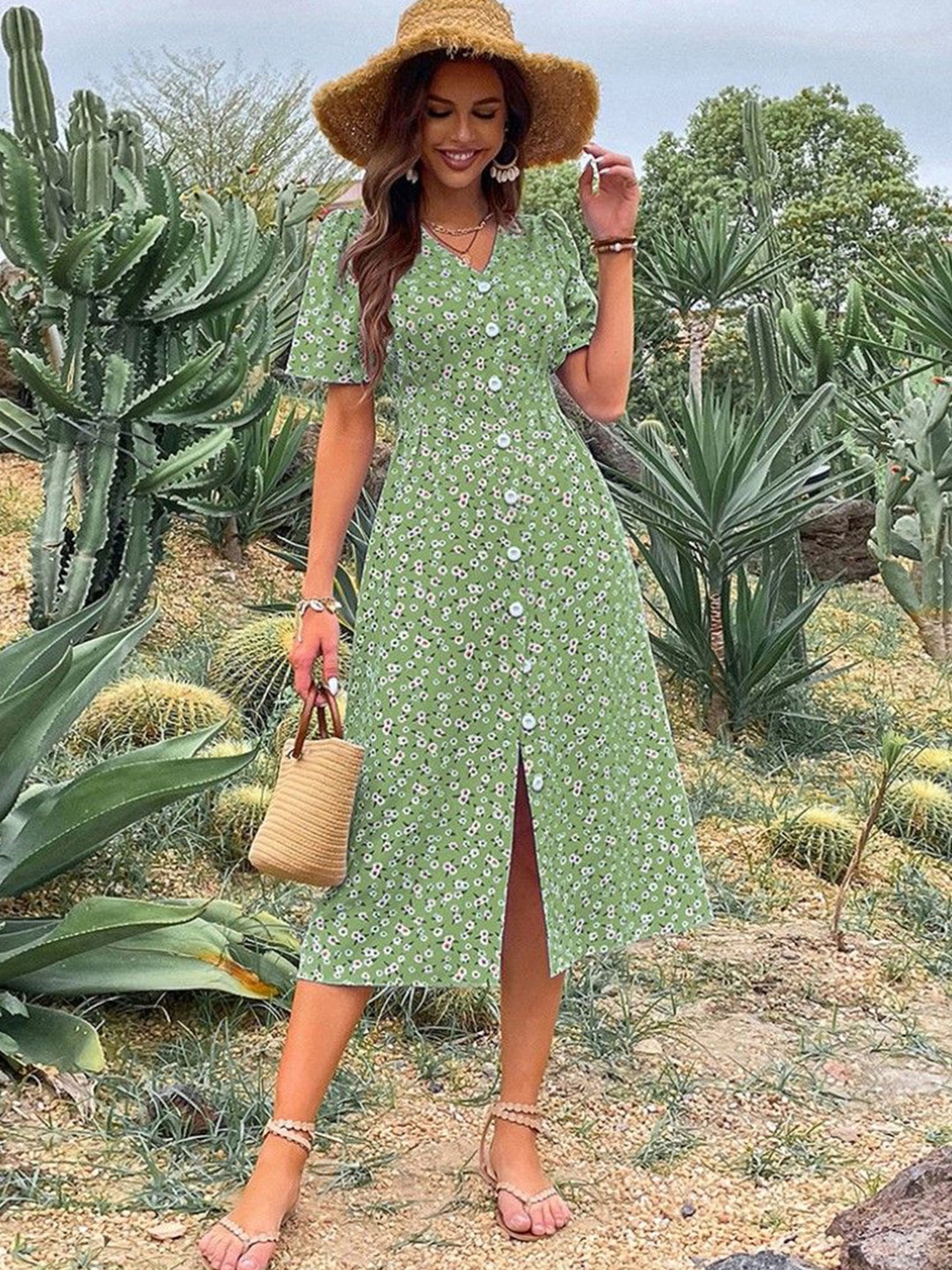 

StyleCast Floral Puff Sleeve A-Line Dress, Green