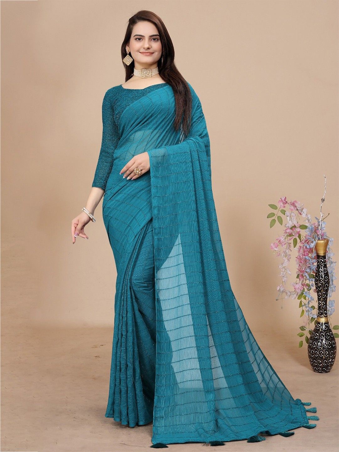 

Aika Striped Pure Chiffon Saree, Sea green