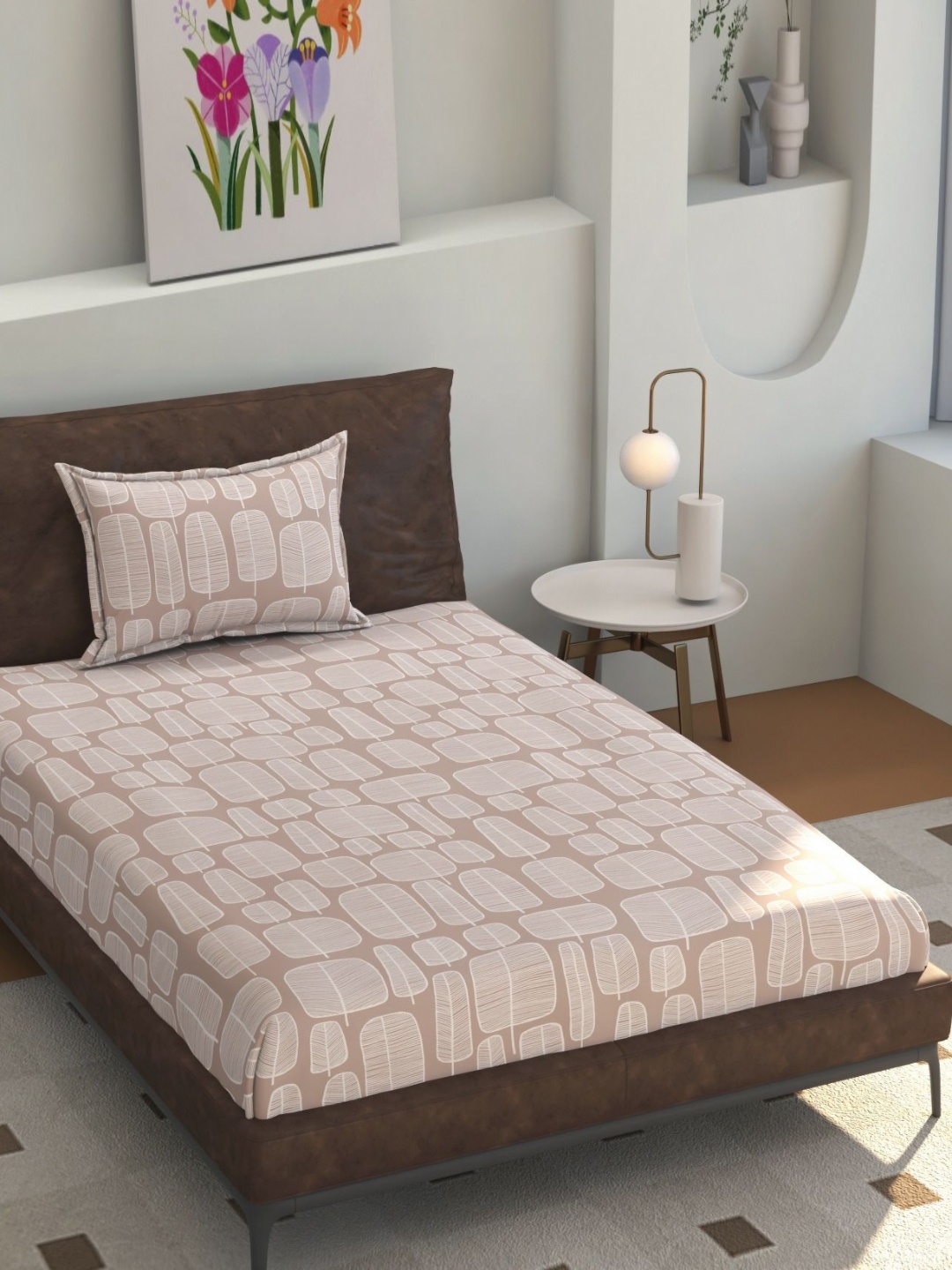 

Florida Beige & White Abstract Printed 200 TC Single Bedsheet Set 1.55 m x 2.28 m