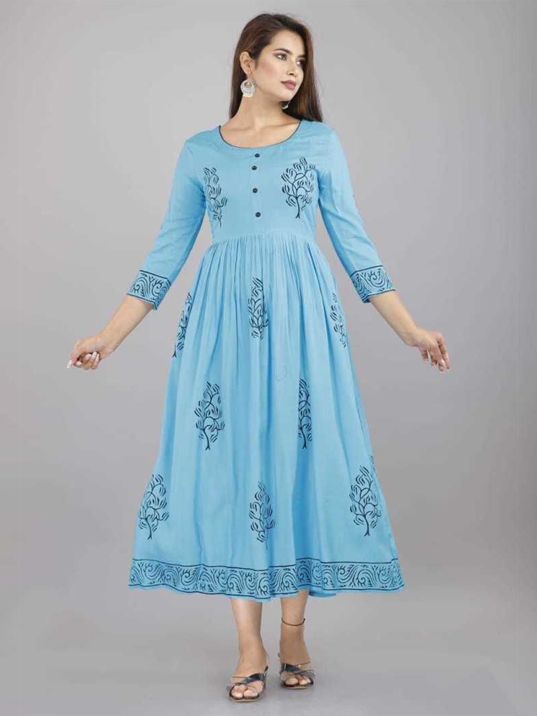 

TARANJAL Floral Printed Fit and Flare Midi Ethnic Dress, Blue