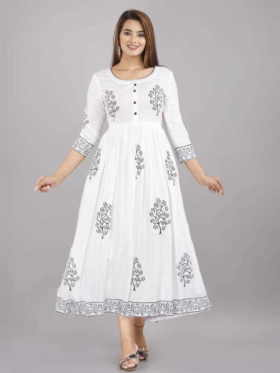 

TARANJAL Women Floral Printed Fit & Flare Midi Ethnic Dress, White