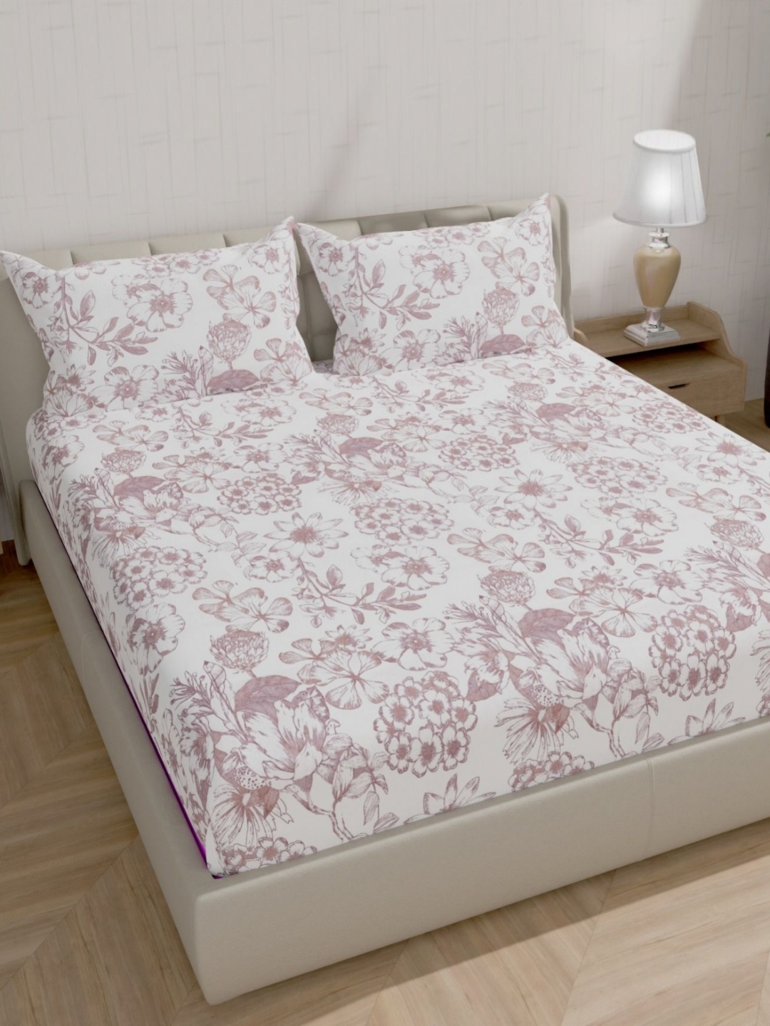 

Florida Pink & White Floral Printed 300 TC Cotton Queen Bedsheet Set 2.28 m x 2.45 m