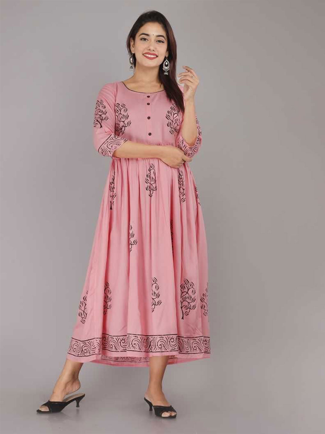 

TARANJAL Women Floral Printed Empire Midi Ethnic Dress, Peach