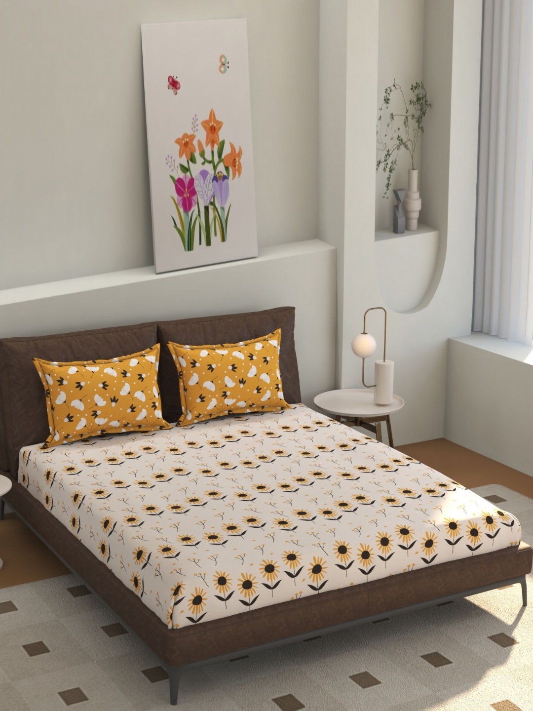 

Florida Cream-Coloured & Yellow Floral Printed 200 TC Queen Bedsheet Set 2.28 m x 2.45 m