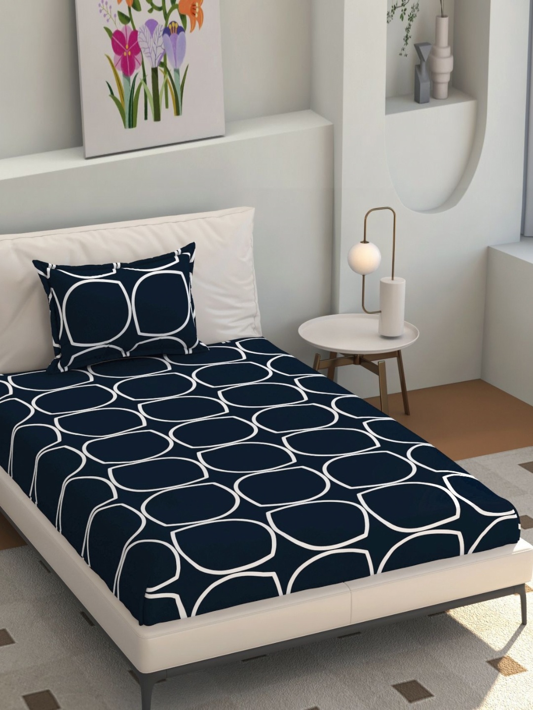 

Florida Navy Blue & White Graphic Printed 200 TC Single Bedsheet Set 1.55 m x 2.28 m