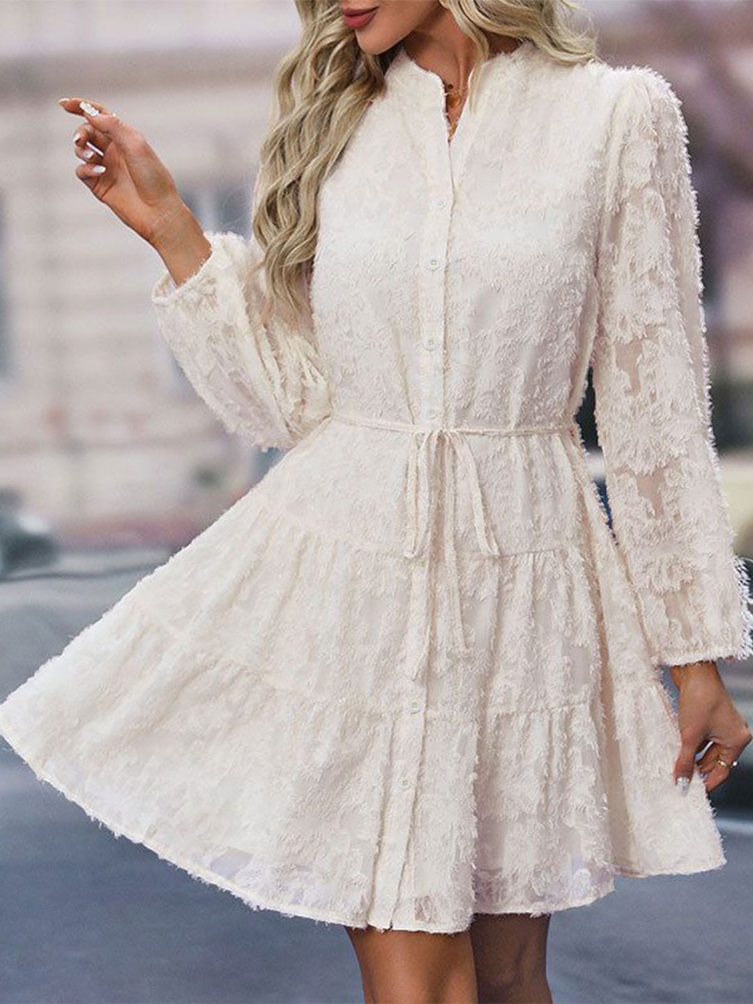 

StyleCast Women Self Design Tiered A-Line Dress, Cream