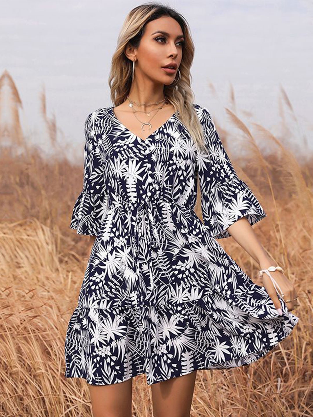 

StyleCast Women Floral Printed Bell Sleeve A-Line Dress, Navy blue