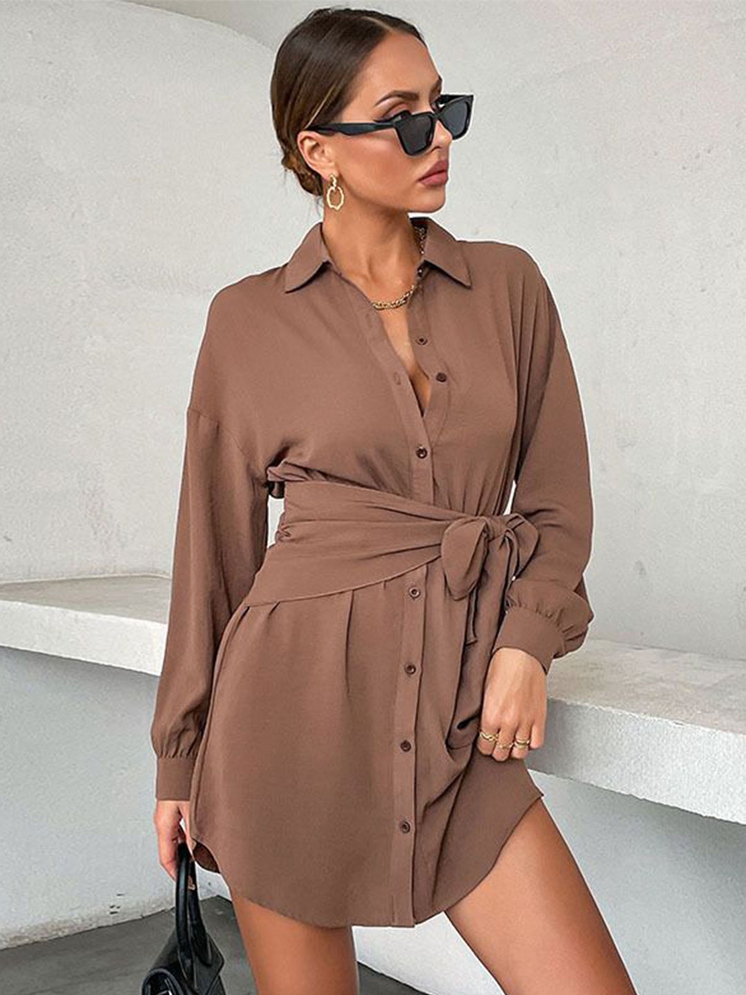 

StyleCast Women Shirt Dress With Tie-Up Details, Brown