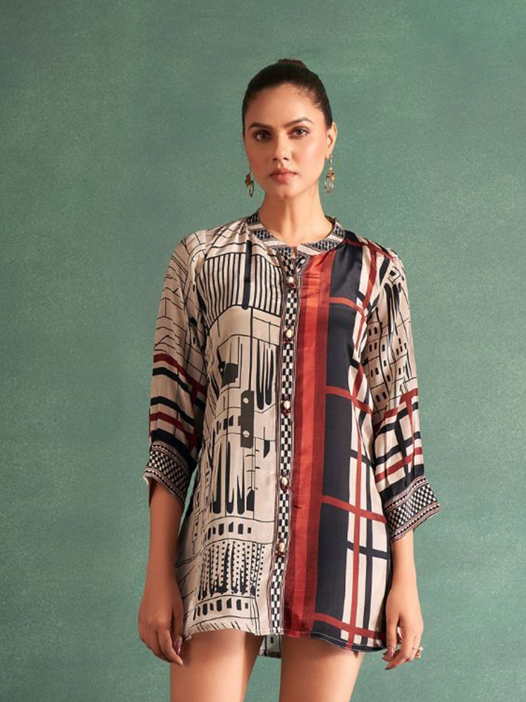 

Kaftanize Women Printed Mandarin Collar Tunic, Beige