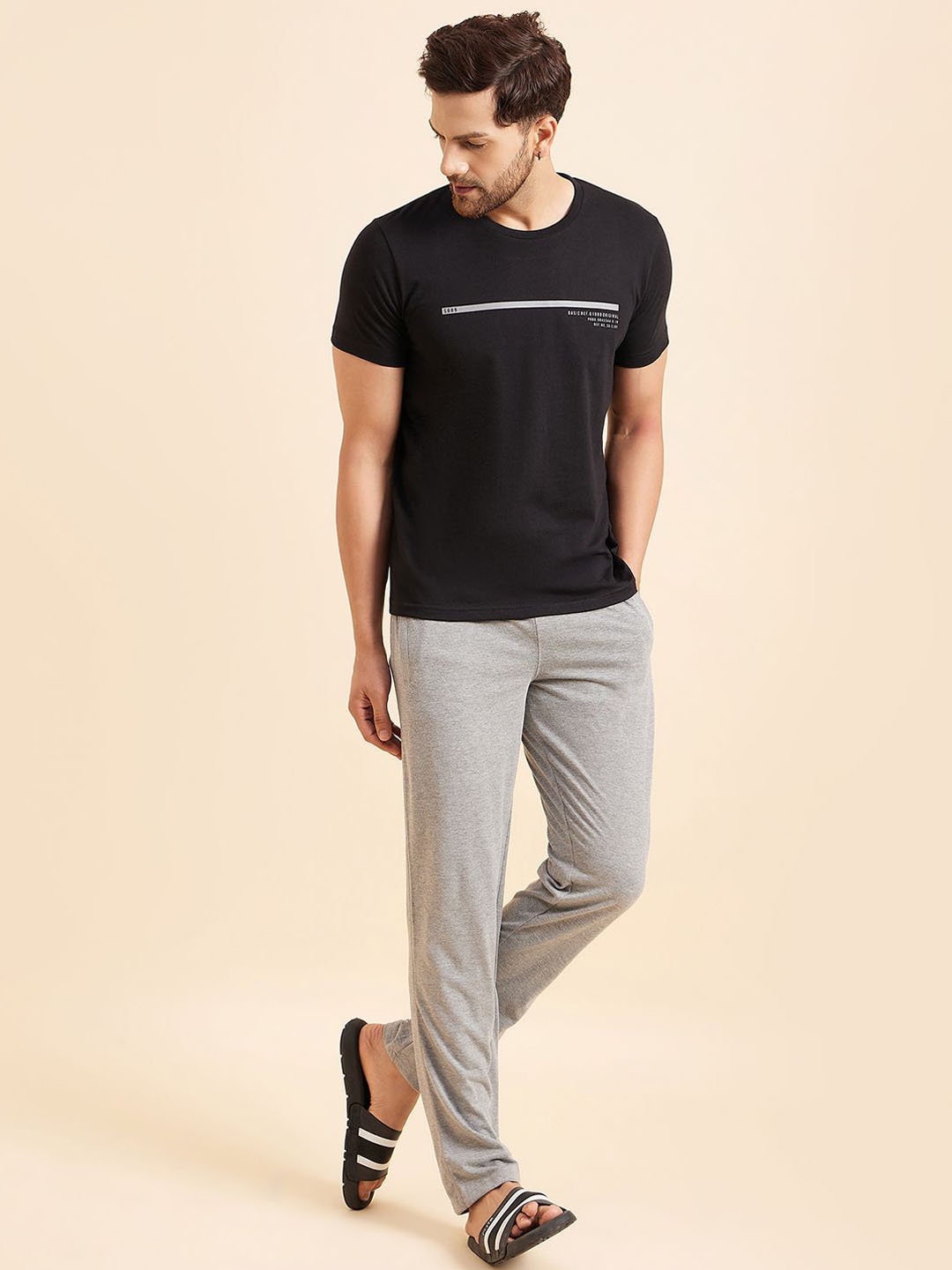 

Sweet Dreams Men Printed Round Neck Pure Cotton Night Suit, Black