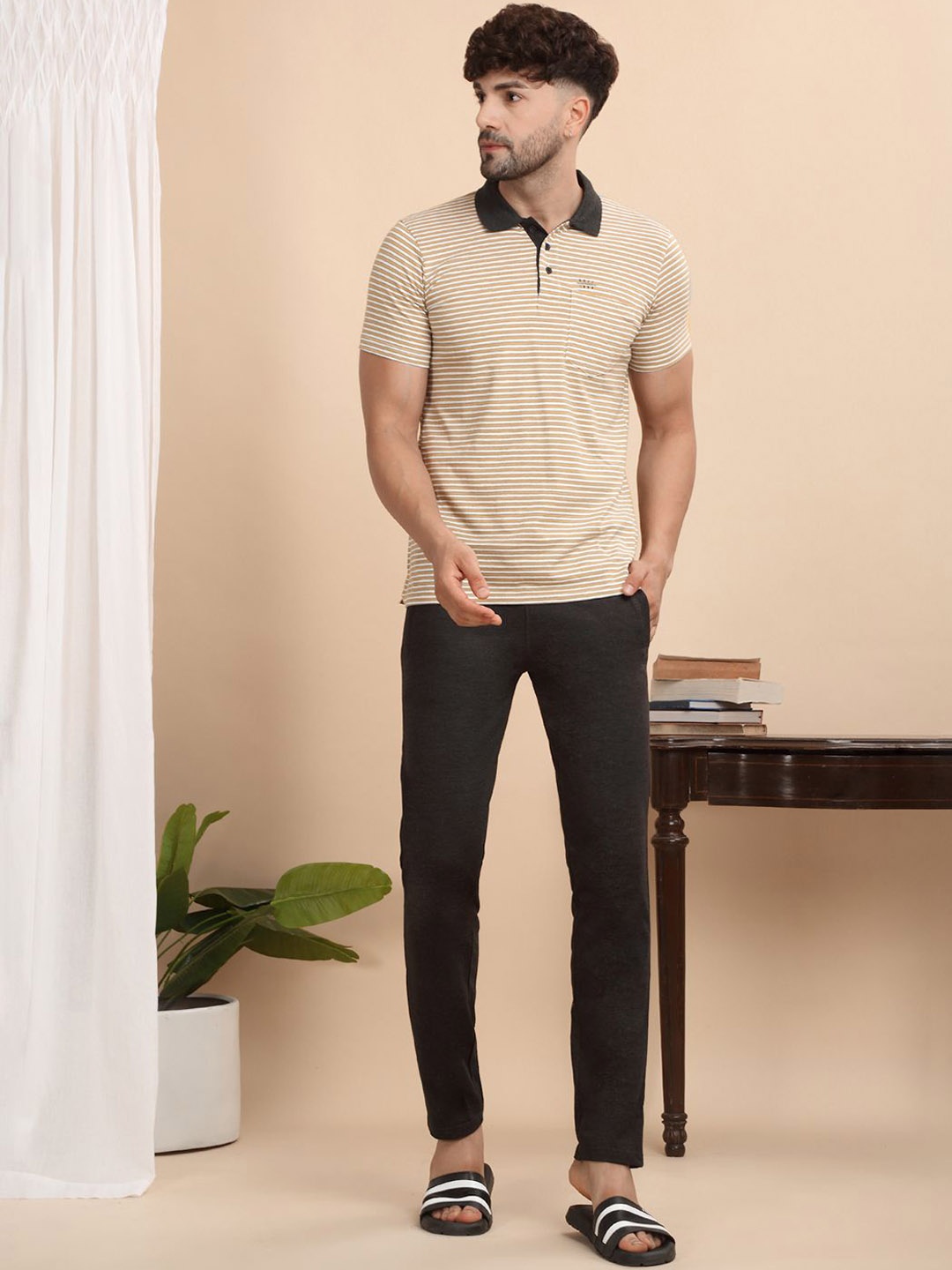 

Sweet Dreams Men Striped Shirt Collar Pure Cotton Night Suit, Yellow