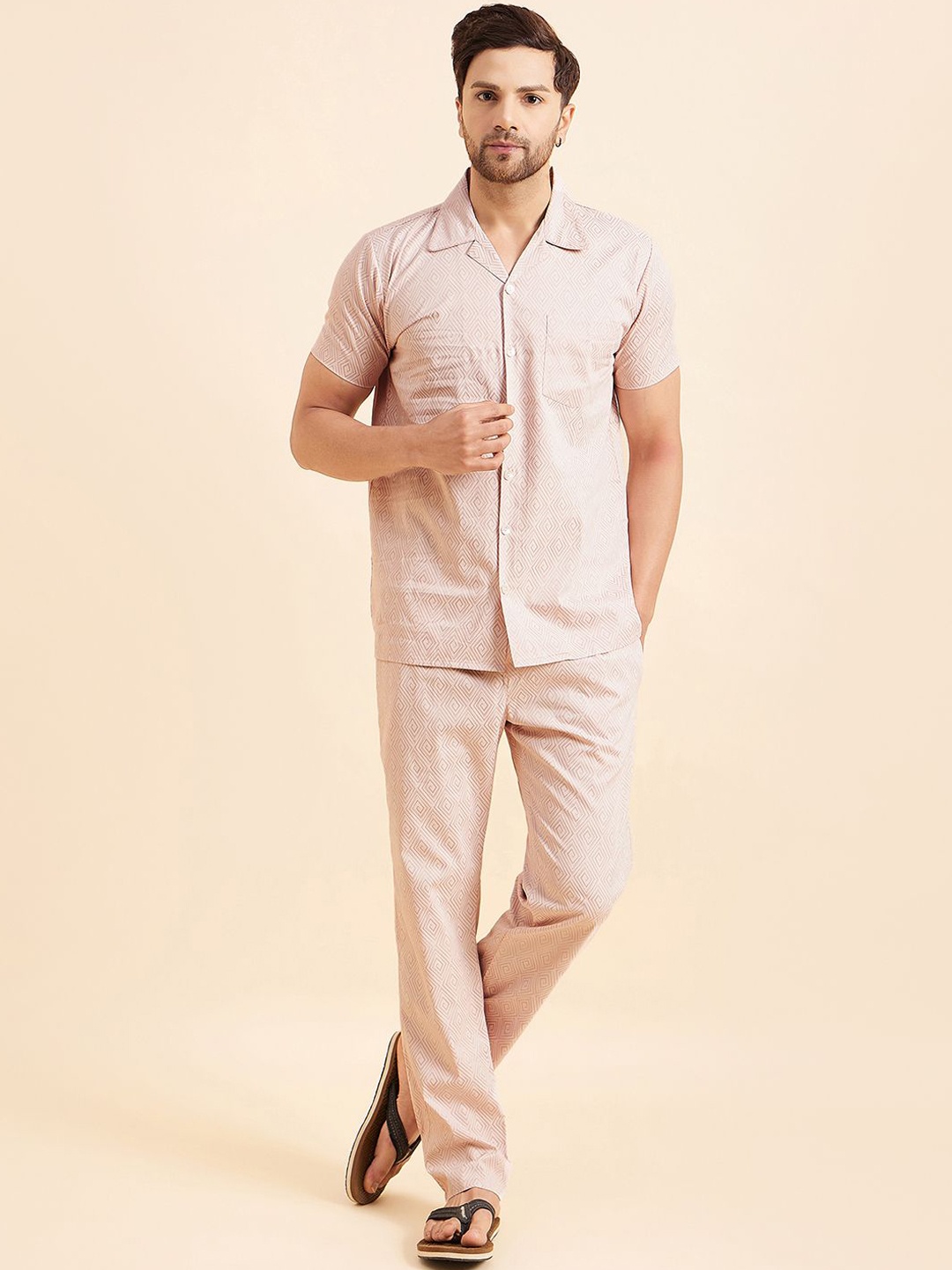 

Sweet Dreams Men Printed Pure Cotton Night Suit, Rose