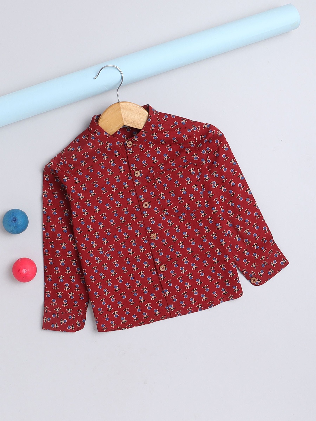 

The Magic Wand Boys Comfort Fit Band Collar Floral Printed Cotton Casual Shirt, Maroon