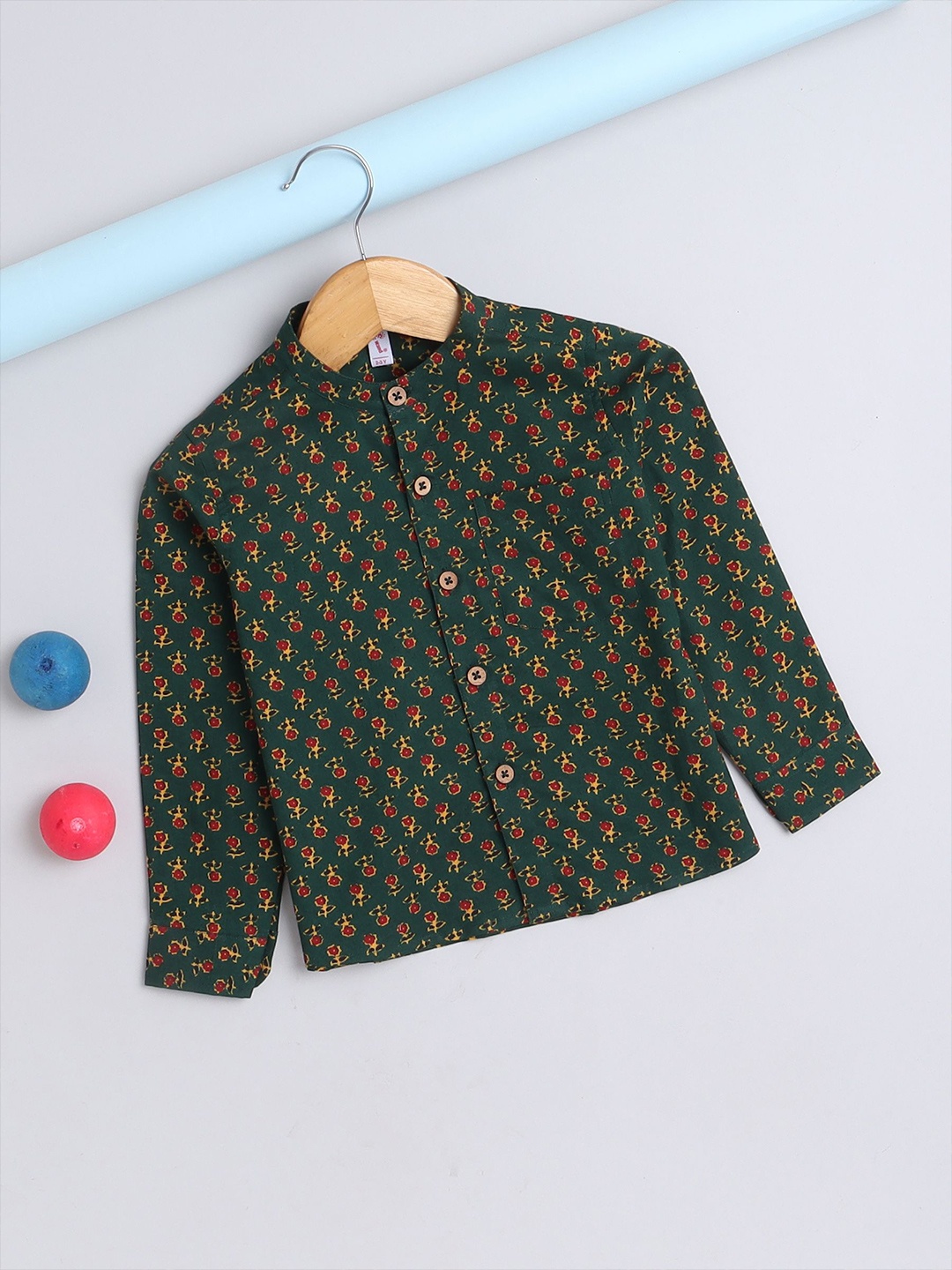 

The Magic Wand Boys Comfort Fit Band Collar Floral Printed Cotton Casual Shirt, Olive